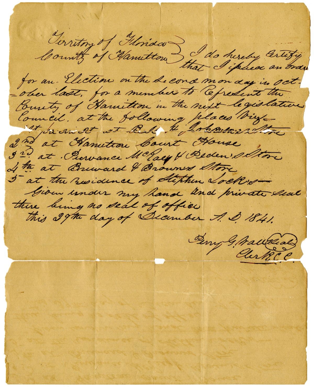 Affidavit Attesting that Perry G. Wall Issued an Order for an Election, 1841