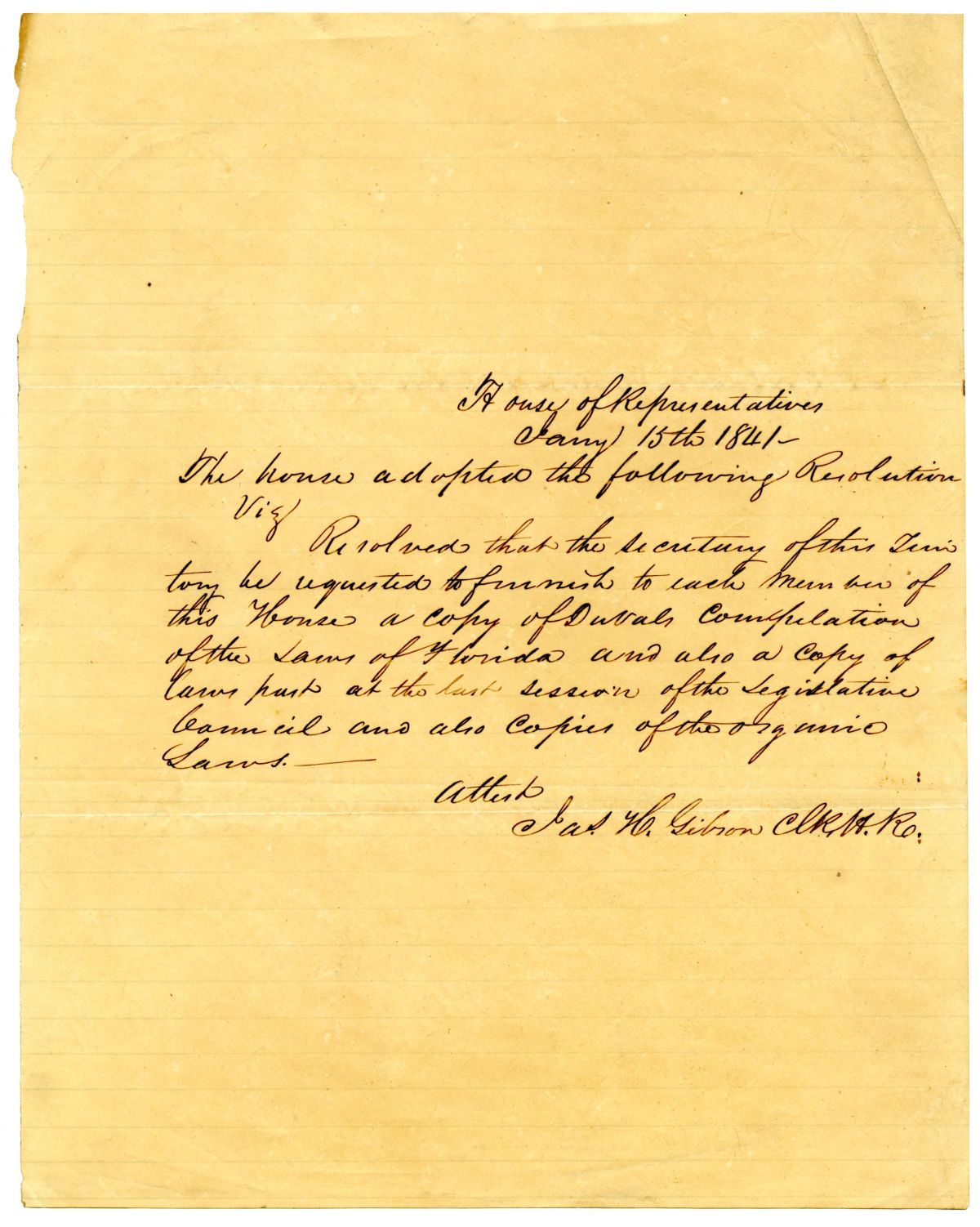 Resolution Requesting that the Secretary of the Treasury Provide a Copy of the Laws of Florida to Members of the House, 1841