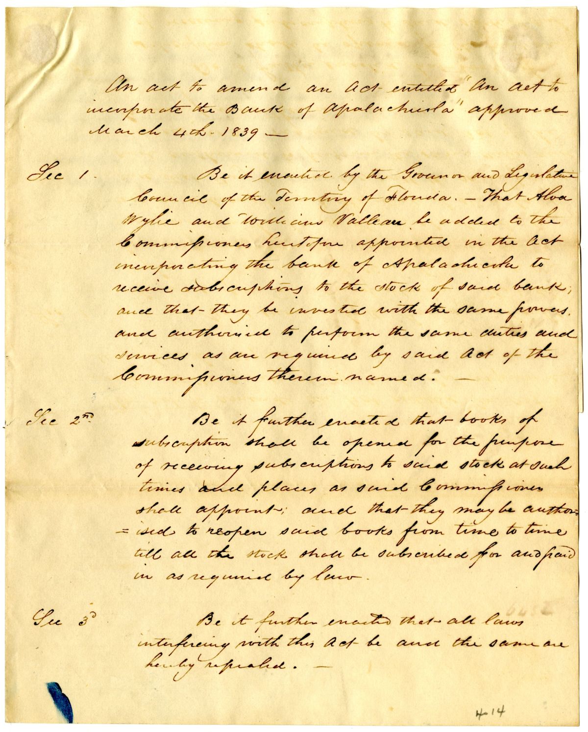 Draft of an Act to Amend an Act to Incorporate the Bank of Apalachicola, 1842