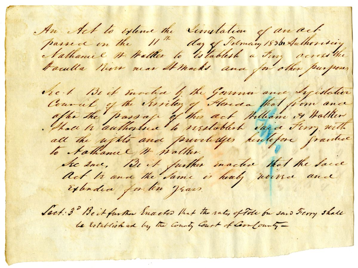 Draft of an Act to Extend the Limitation of an Act Authorizing Nathaniel W. Walker to Establish a Ferry Across the Wakulla River, 1842