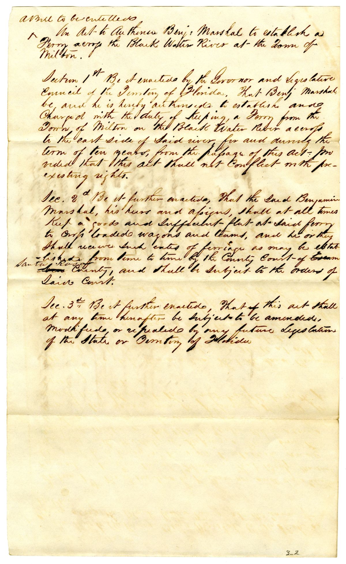 Draft of an Act to Authorize Benjamin Marshal to Establish a Ferry Across the Blackwater River at the Town of Milton, 1842