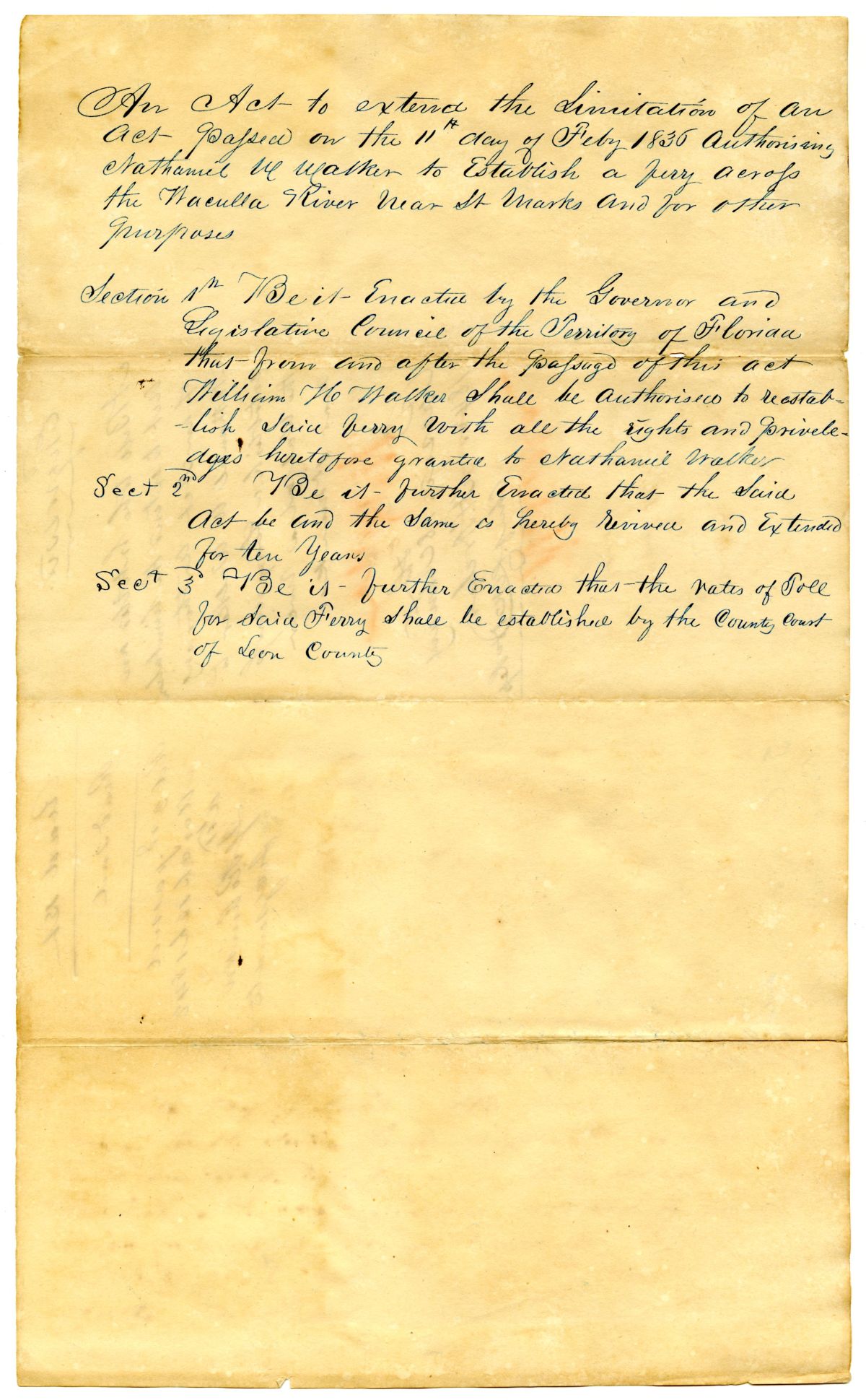 Draft of an Act to Extend the Limitation of an Act Authorizing Nathaniel W. Walker to Establish a Ferry Across the Wakulla River, 1842