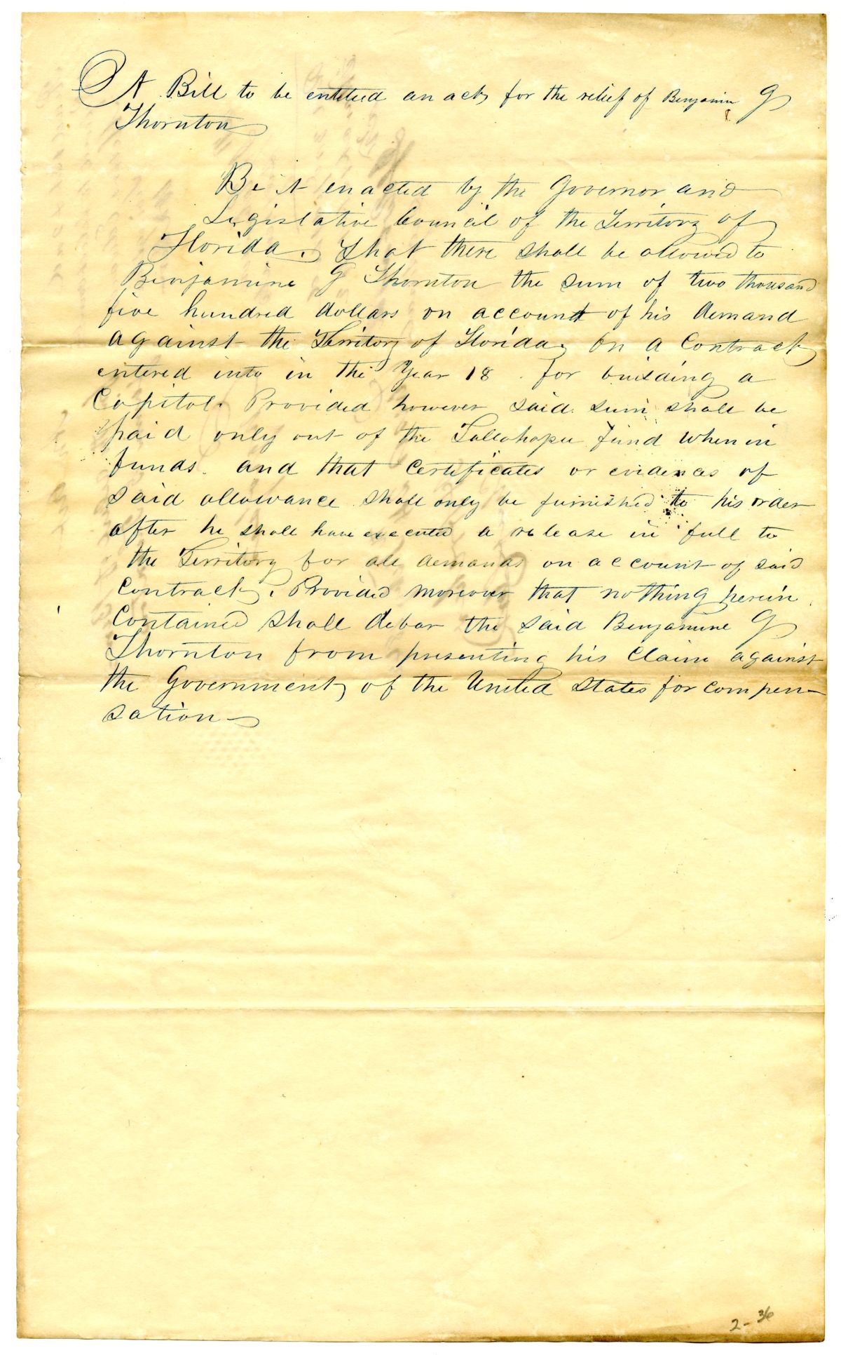 Draft of an Act for the Relief of Benjamin G. Thornton, 1842