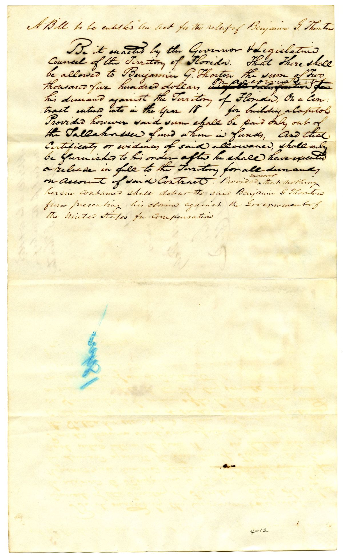 Draft of an Act for the Relief of Benjamin G. Thornton, 1842