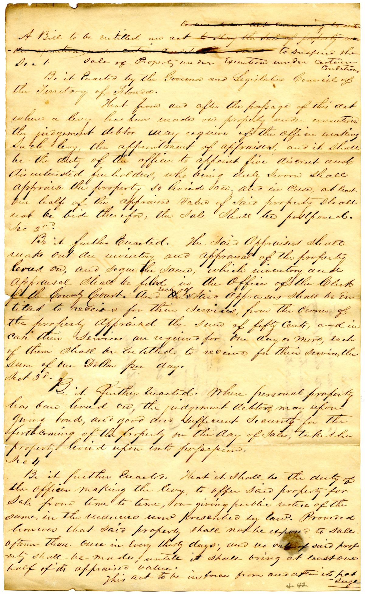 Draft of an Act to Suspend the Sale of Property Under Execution Under Certain Conditions, 1842