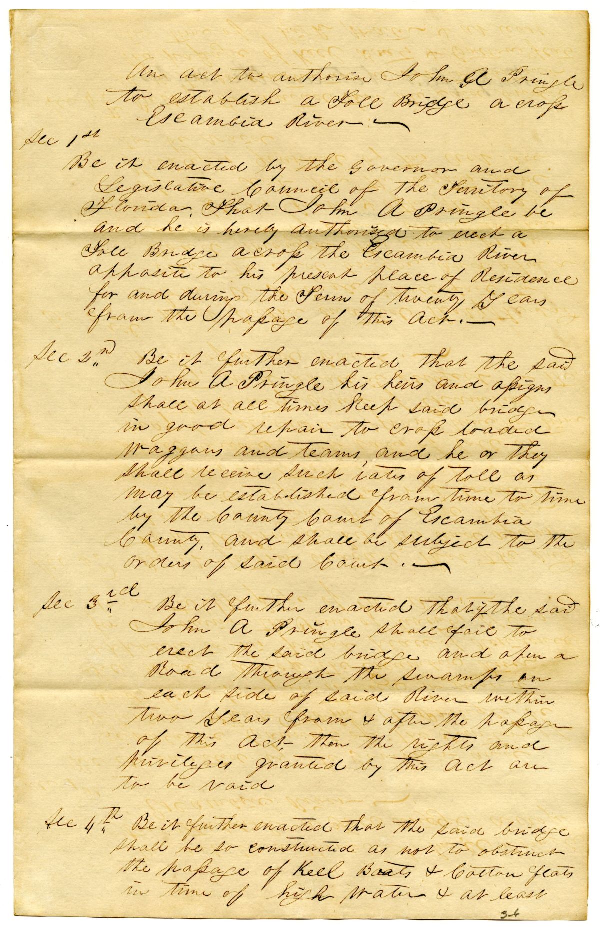 Draft of an Act to Authorize John A. Pringle to Establish a Toll Bridge Across the Escambia River, 1842