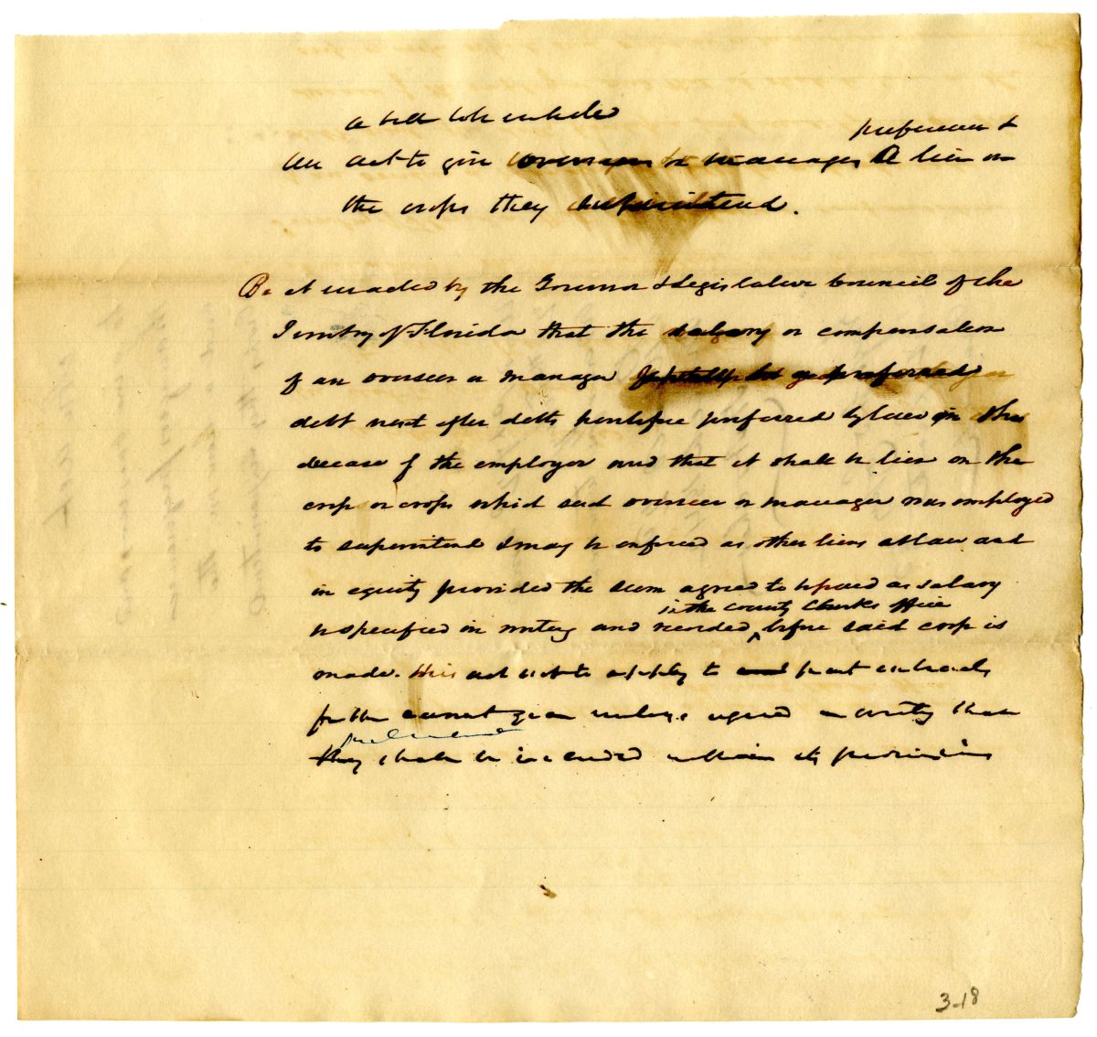 Draft of an Act to Give Overseers and Managers Preference and a Lien on the Crops They Superintend, 1842