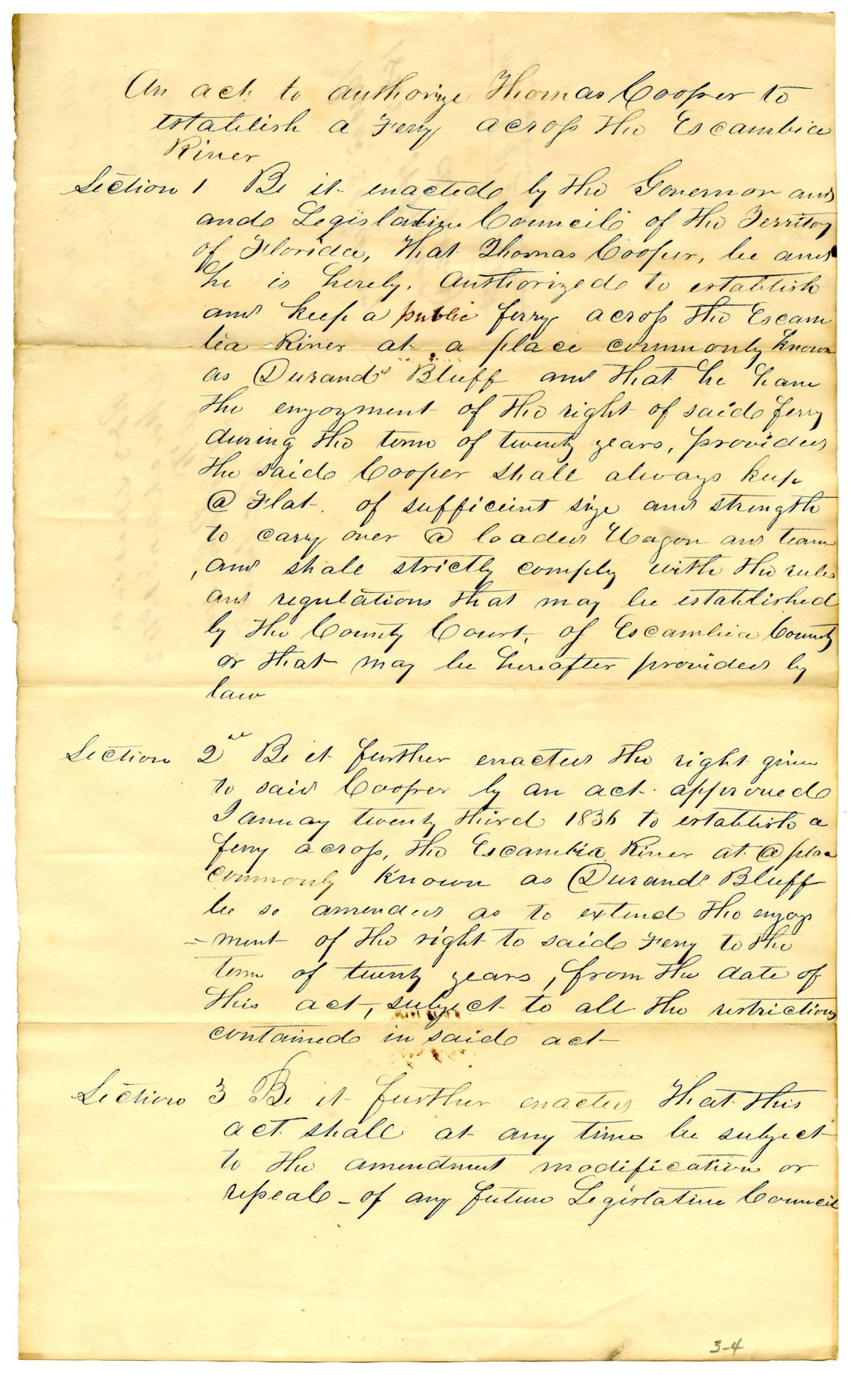 Draft of an Act to Authorize Thomas Cooper to Establish a Ferry Across the Escambia River, 1842