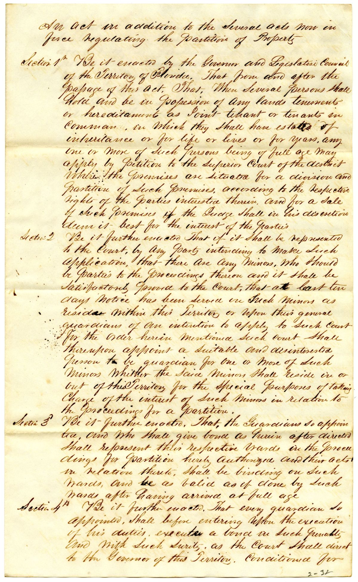 Draft of an Act in Addition to the Several Acts Now in Force Regulating the Partition of Property, 1842