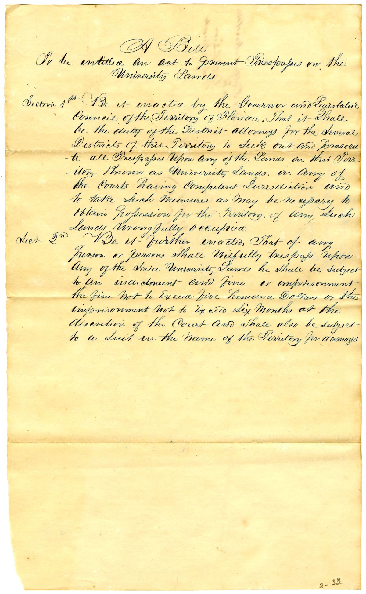 Draft of an Act to Prevent Trespasses on the University Lands, 1842