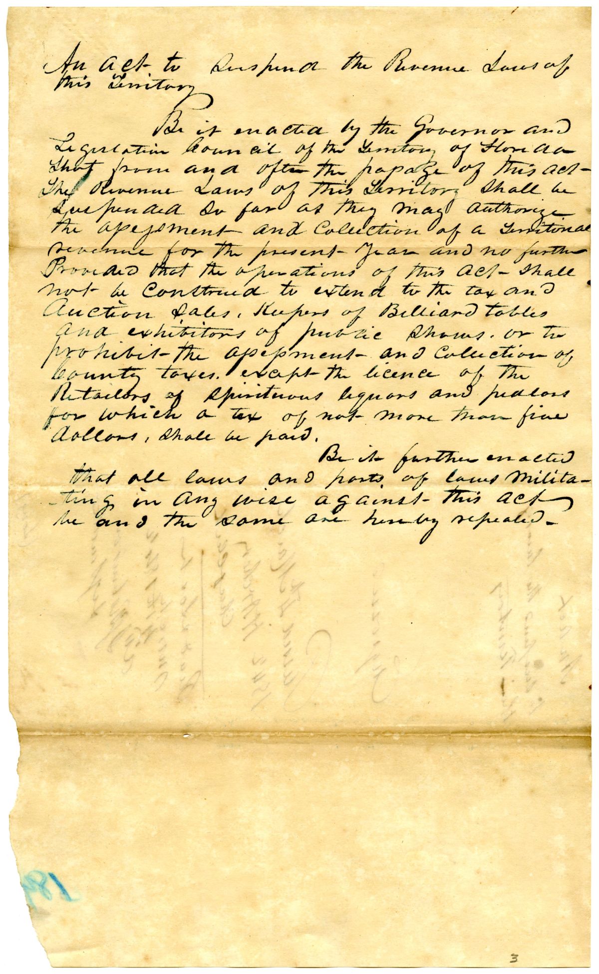 Draft of an Act to Suspend the Revenue Laws of this Territory, 1842