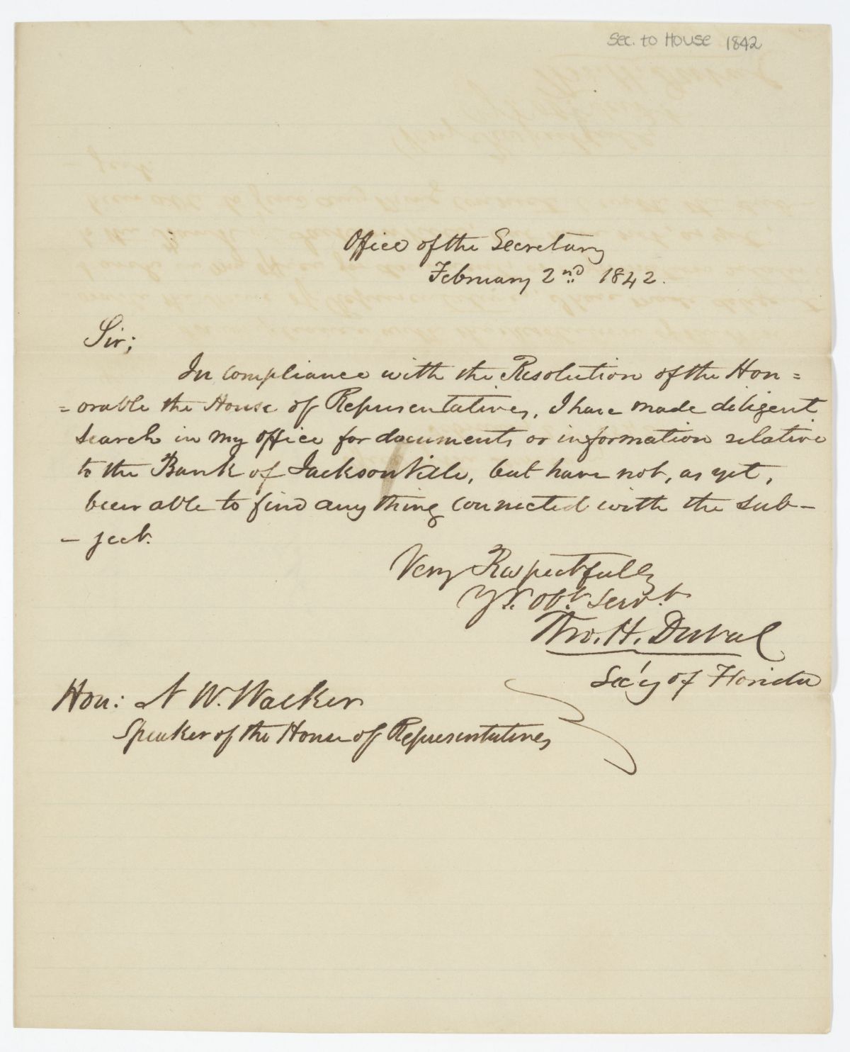 Letter from Secretary of the Territory Thomas H. Duval to the Speaker of the House, 1842