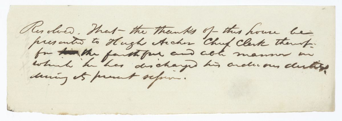 Resolution Thanking Hugh Archer for Discharging His Duties as Chief Clerk, circa 1842