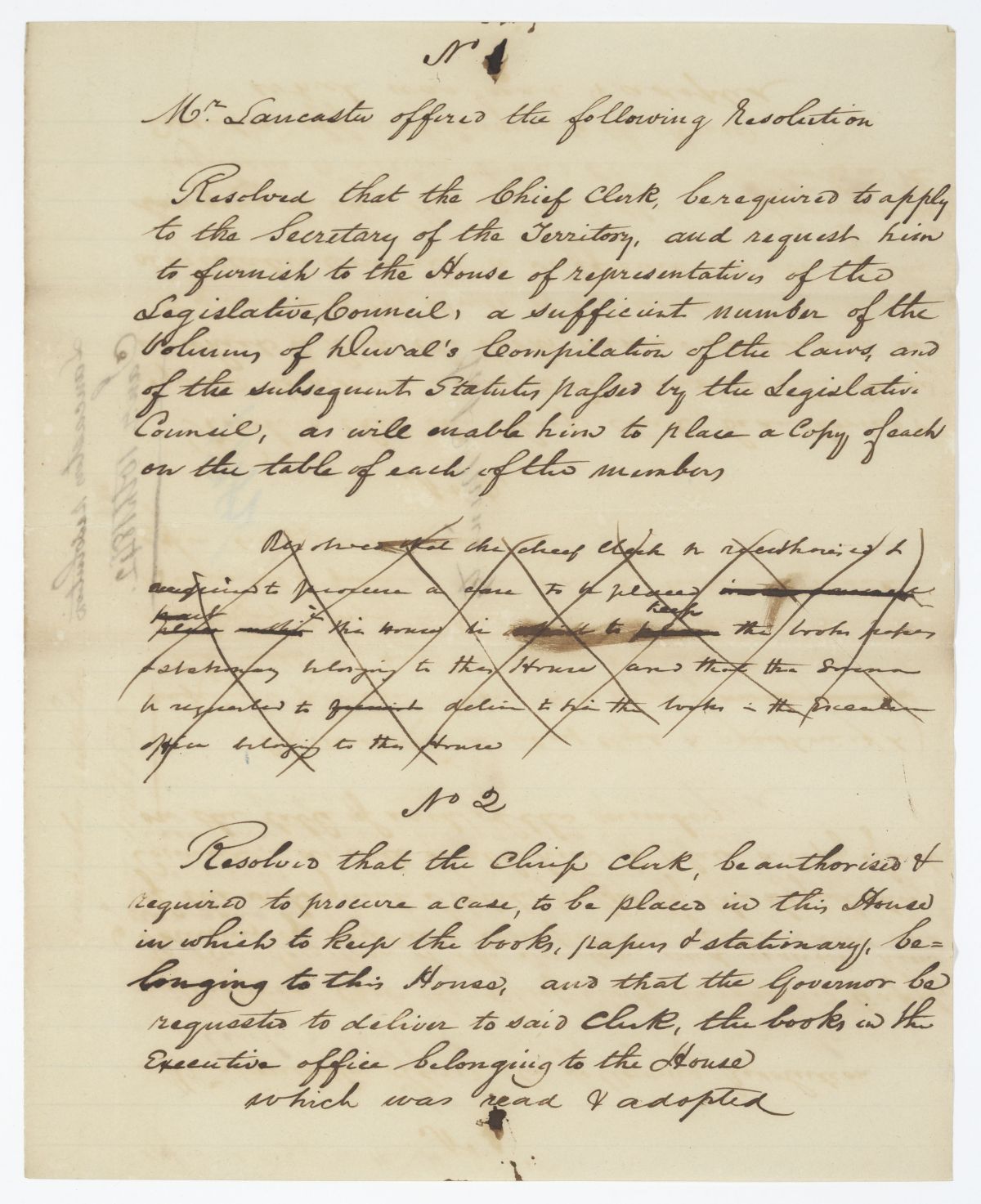 Two Resolutions Offered by Representative Lancaster, 1842