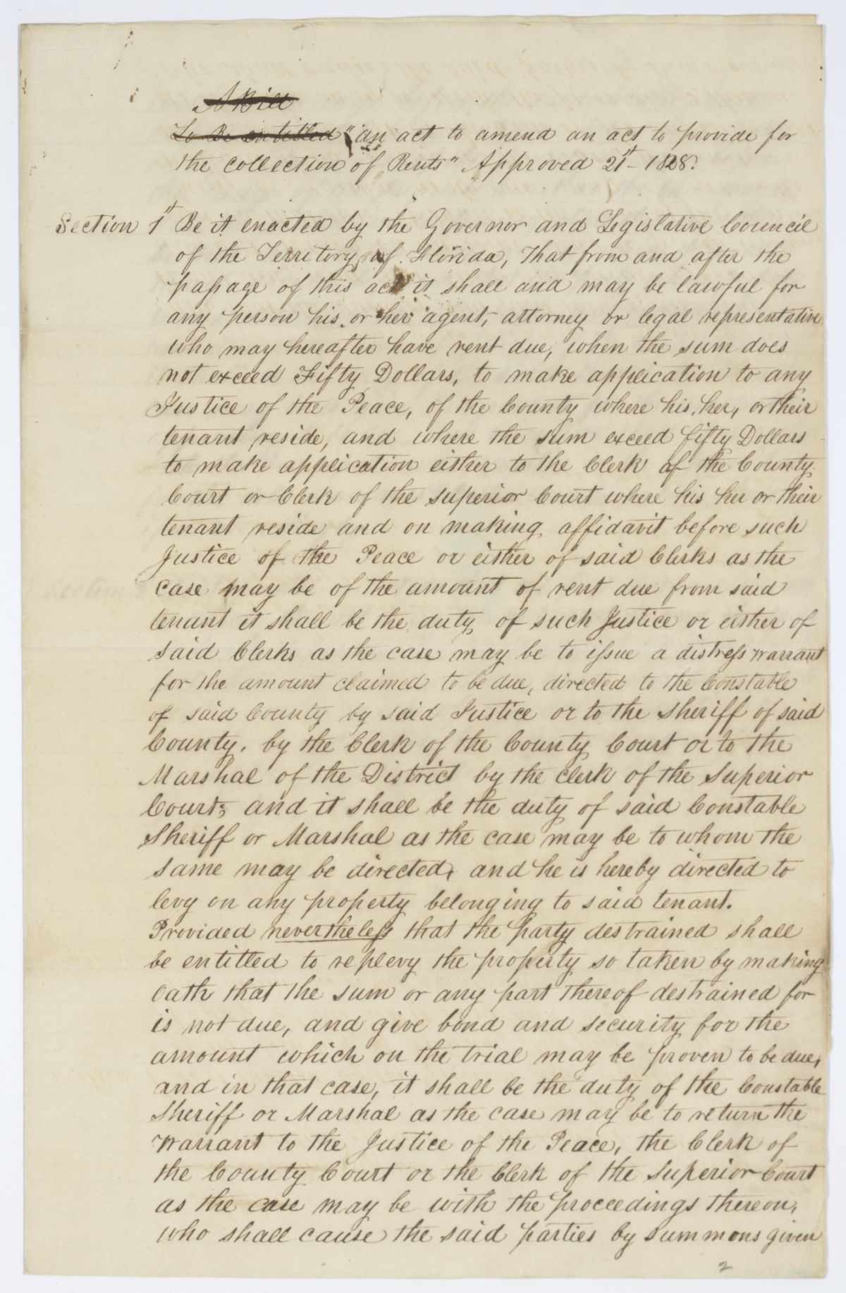 Draft of an Act to Amend an Act to Provide for the Collection of Rents, 1842