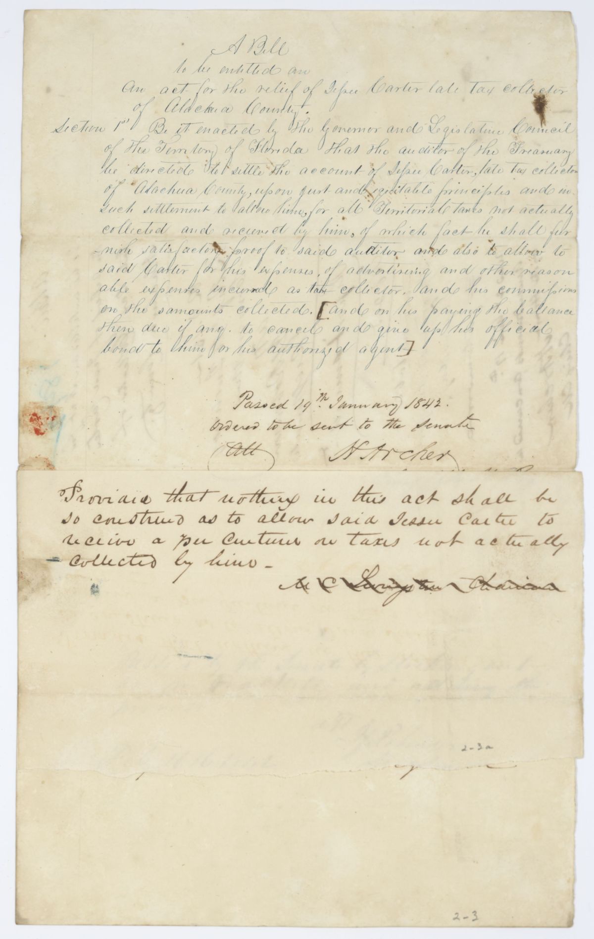 Draft of an Act for the Relief of Jesse Carter, Late Tax Collector of Alachua County, 1842