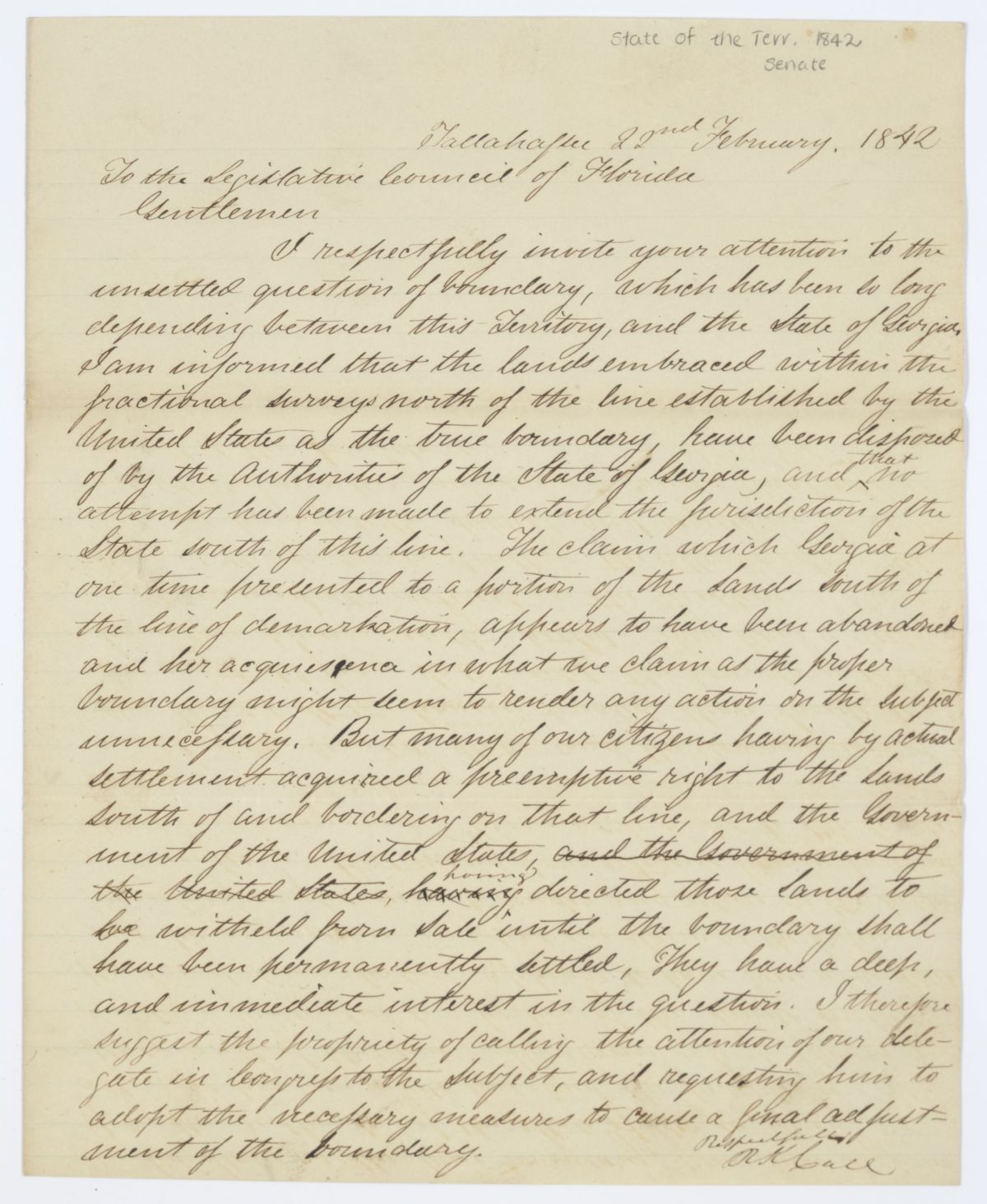 Letter from Governor Richard Keith Call to the Territorial Legislative Council Concerning the Boundary Between Florida and Georgia, 1842