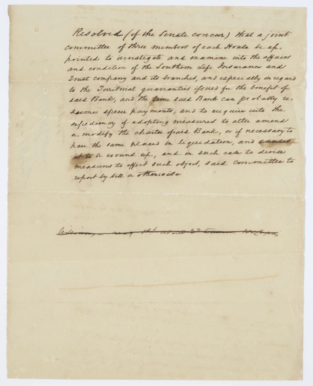 Resolution Calling for a Joint Committee to Investigate the Southern Life Insurance and Trust Company, circa 1842