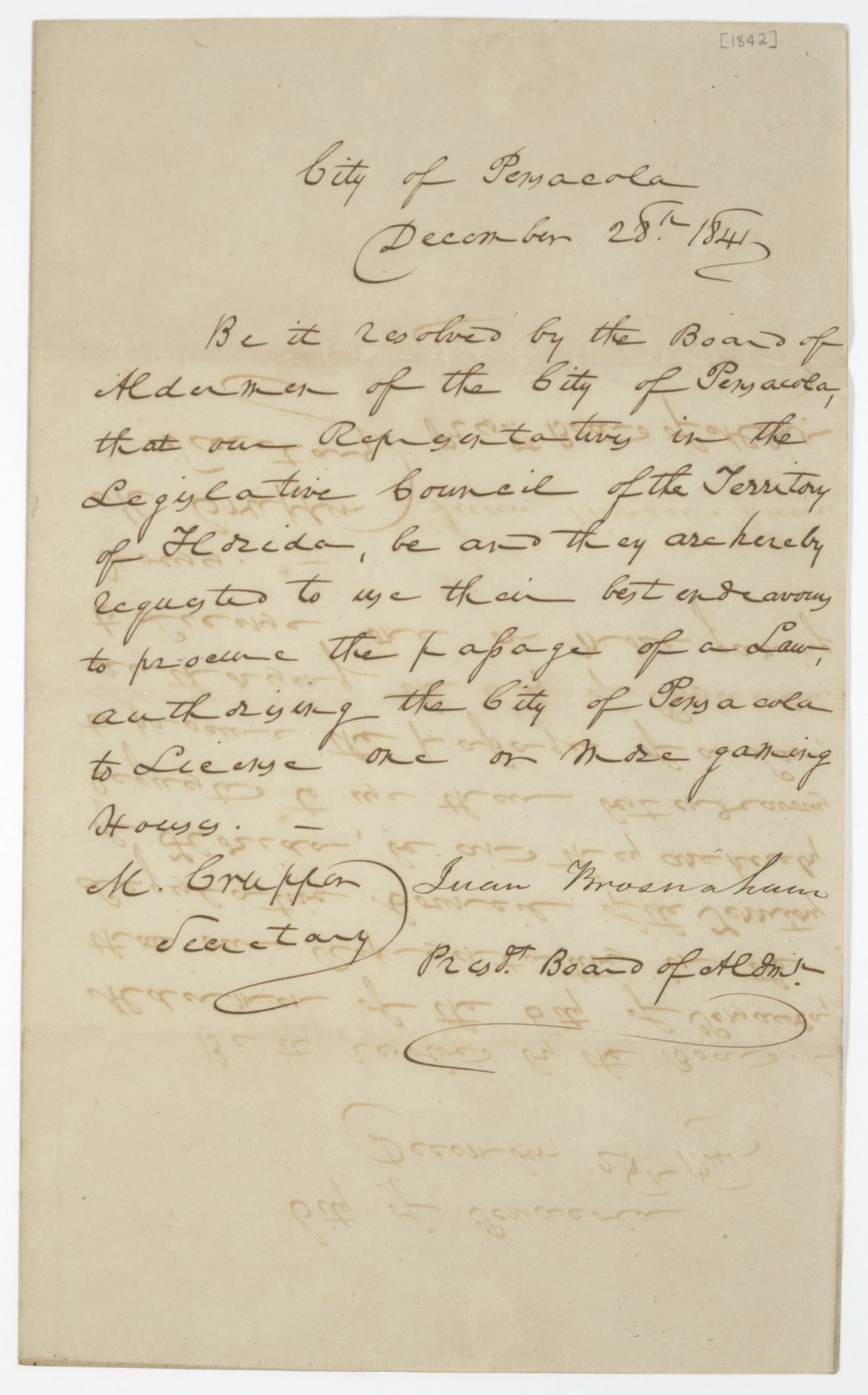 Resolution of the City of Pensacola Requesting a Law Authorizing the City of Pensacola to License Gaming Houses, 1841