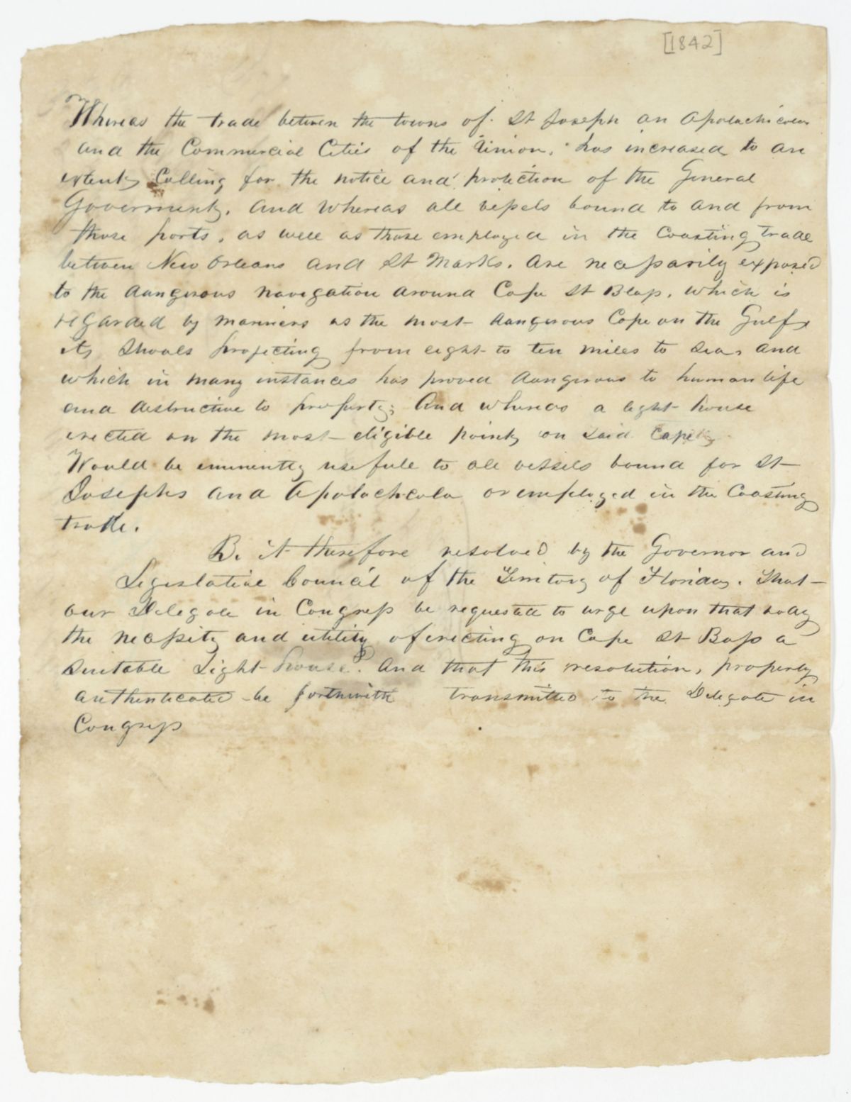 Resolution Instructing the Florida Delegate in Congress to Lobby for the Construction of a Lighthouse at Cape San Blas, 1842