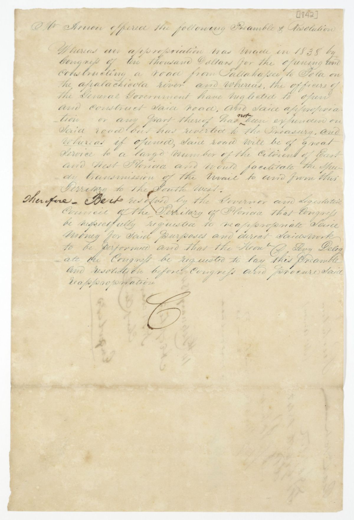 Resolution Instructing the Florida Delegate in Congress to Request a Reappropriation for the Construction of a Road, 1842