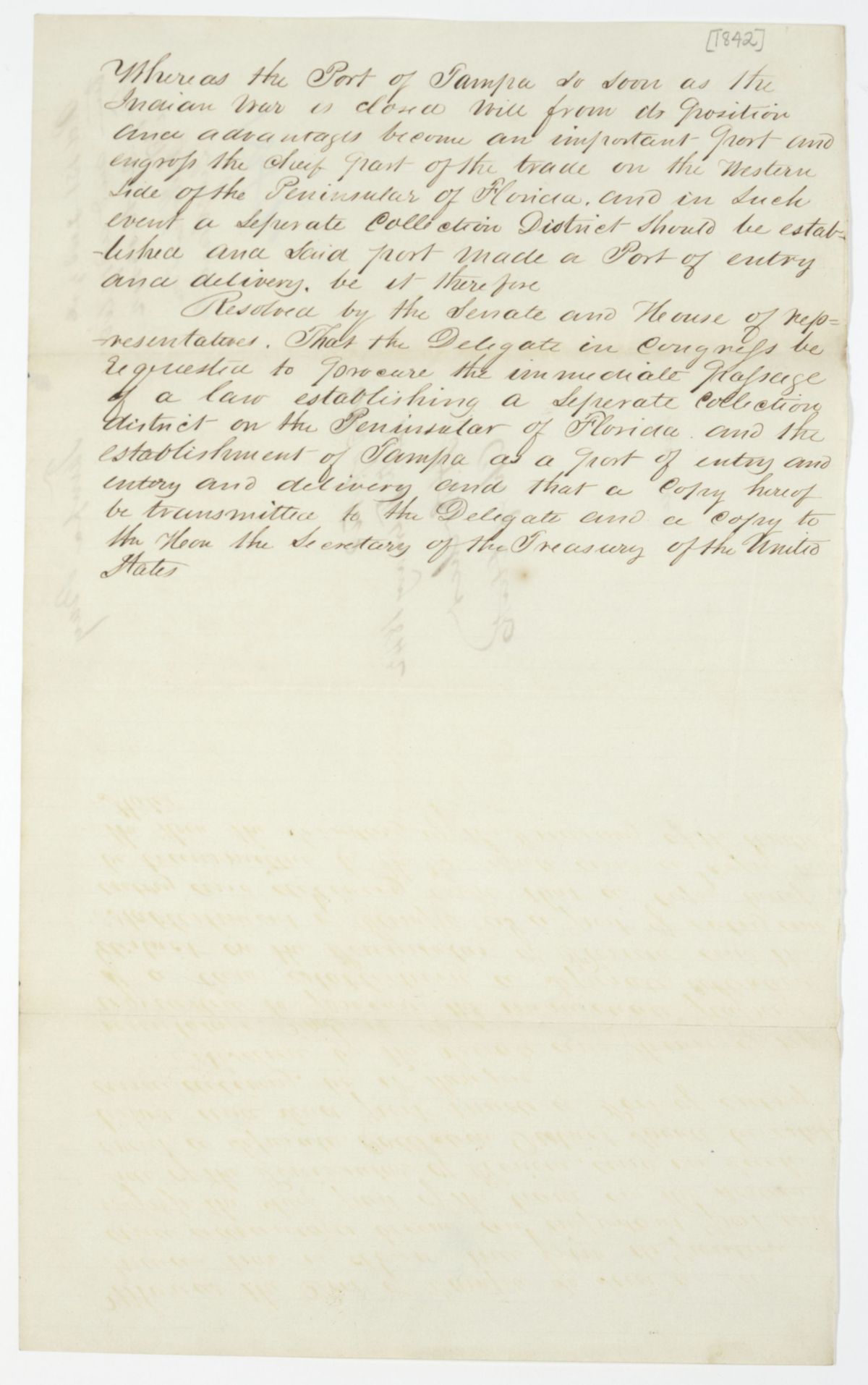 Resolution Requesting that the Florida Delegate in Congress Procure a Law Establishing Tampa as a Port of Entry, 1842