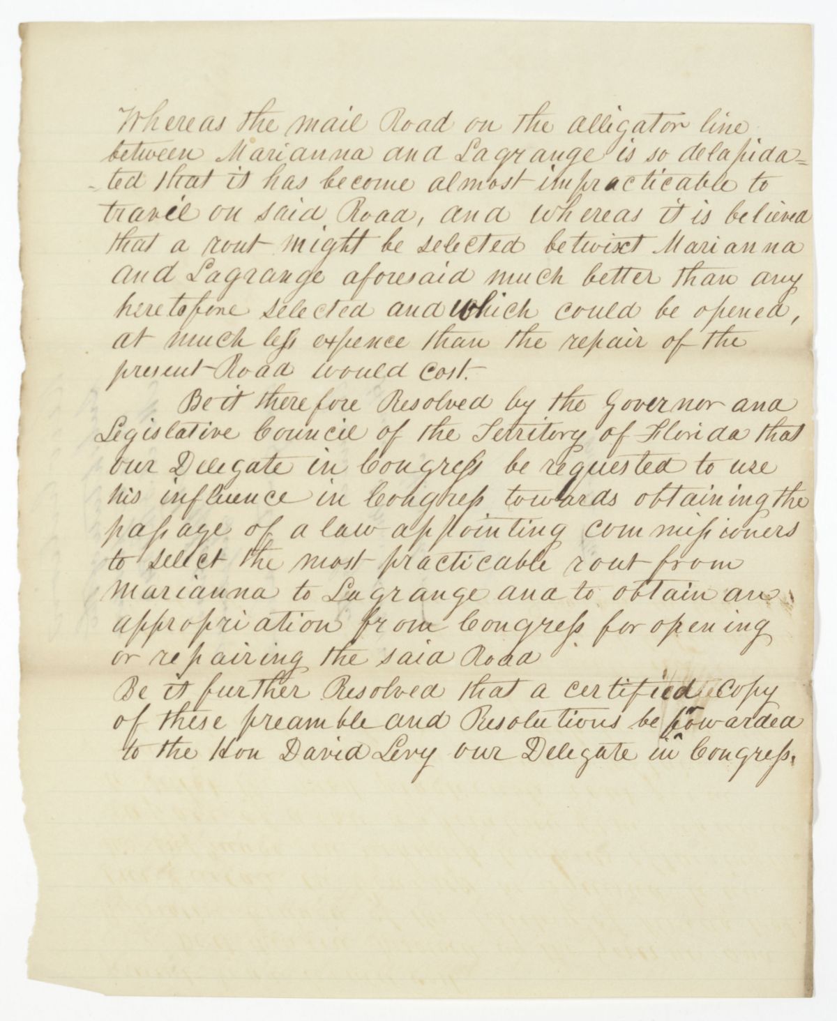 Resolution Directing the Florida Delegate in Congress to Lobby for a New Mail Route Between Marianna and LaGrange, 1842