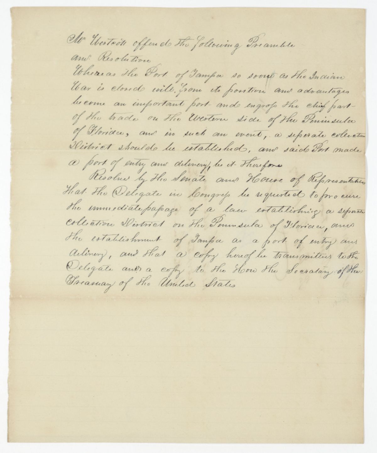 Resolution Requesting that the Florida Delegate in Congress Procure a Law Establishing Tampa as a Port of Entry, circa 1842