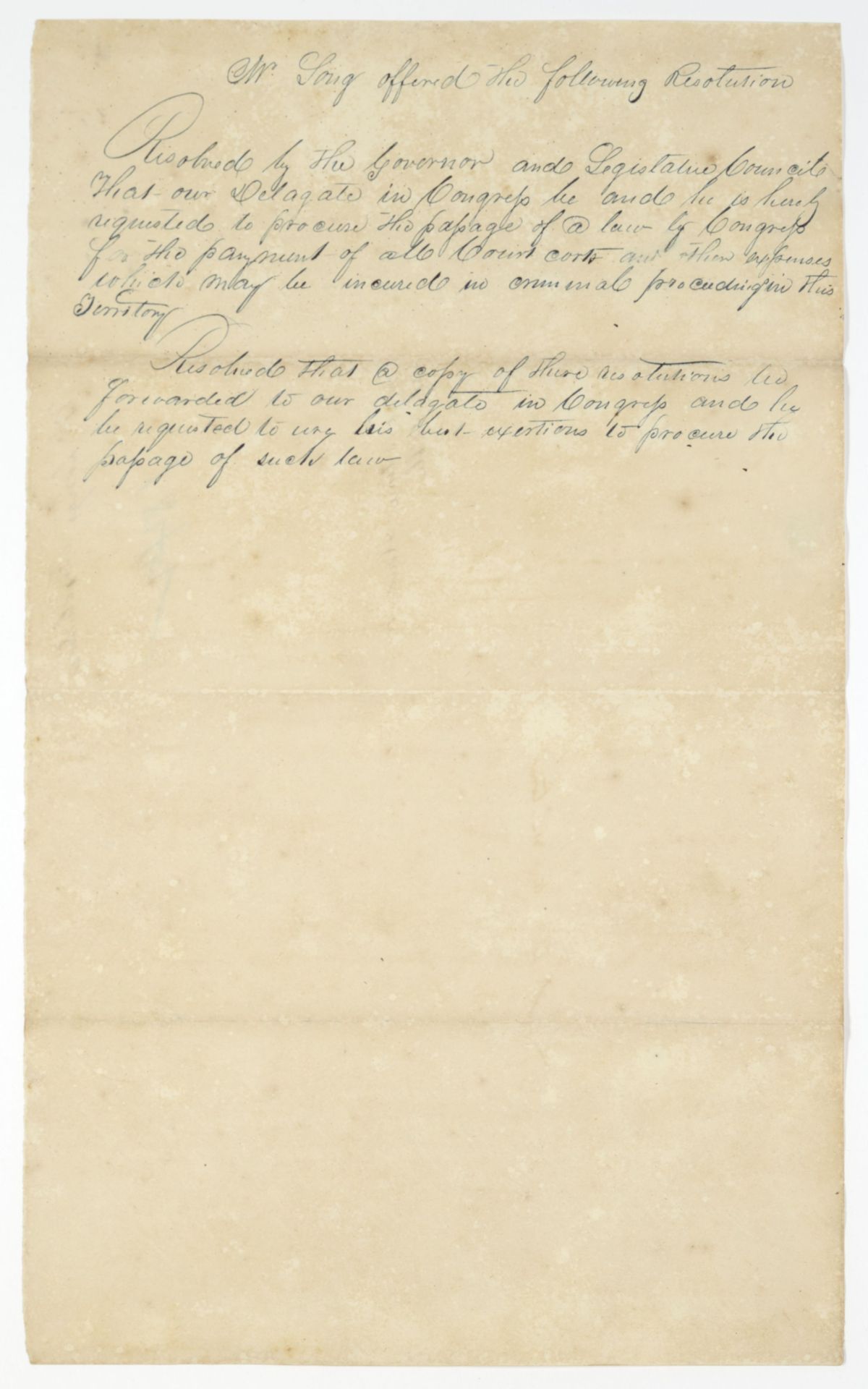 Resolution Instructing the Florida Delegate in Congress to Procure a Law for the Payment of Court Costs Incurred by the Territory, circa 1842