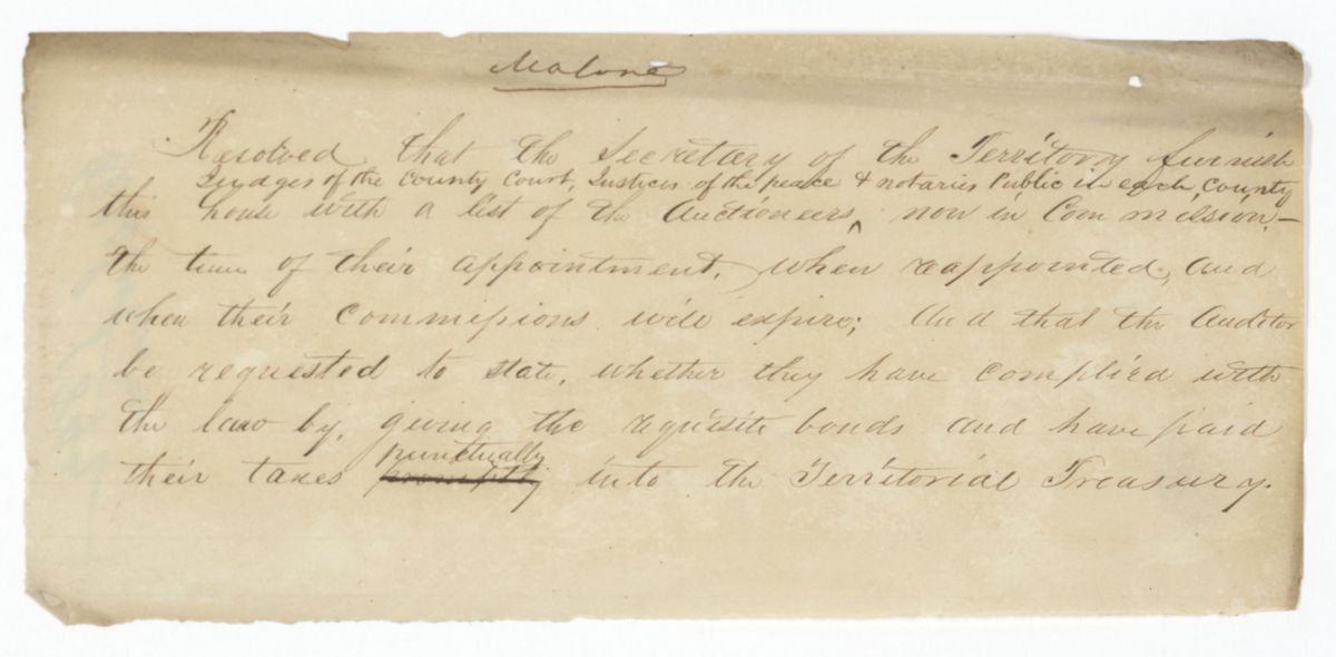 Resolution Instructing the Secretary of the Territory and the Territorial Auditor to Provide Information About Auctioneers, circa 1842