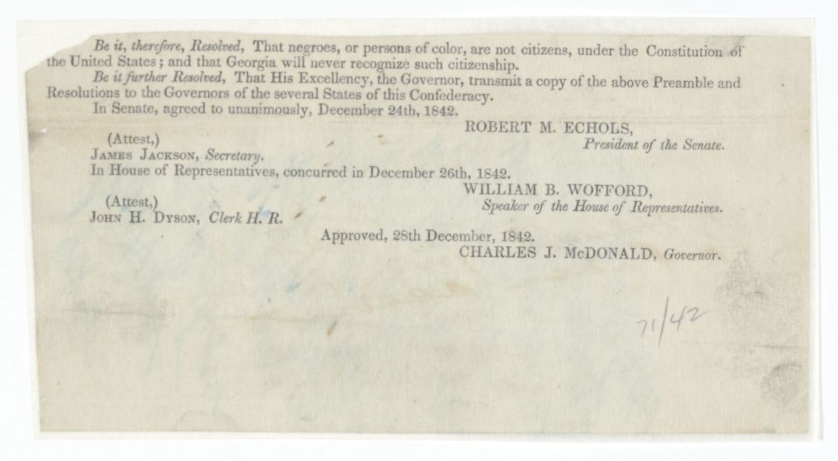 Resolution of the State of Georgia Declaring that Persons of Color Are Not Citizens Under the Constitution of the United States, 1842