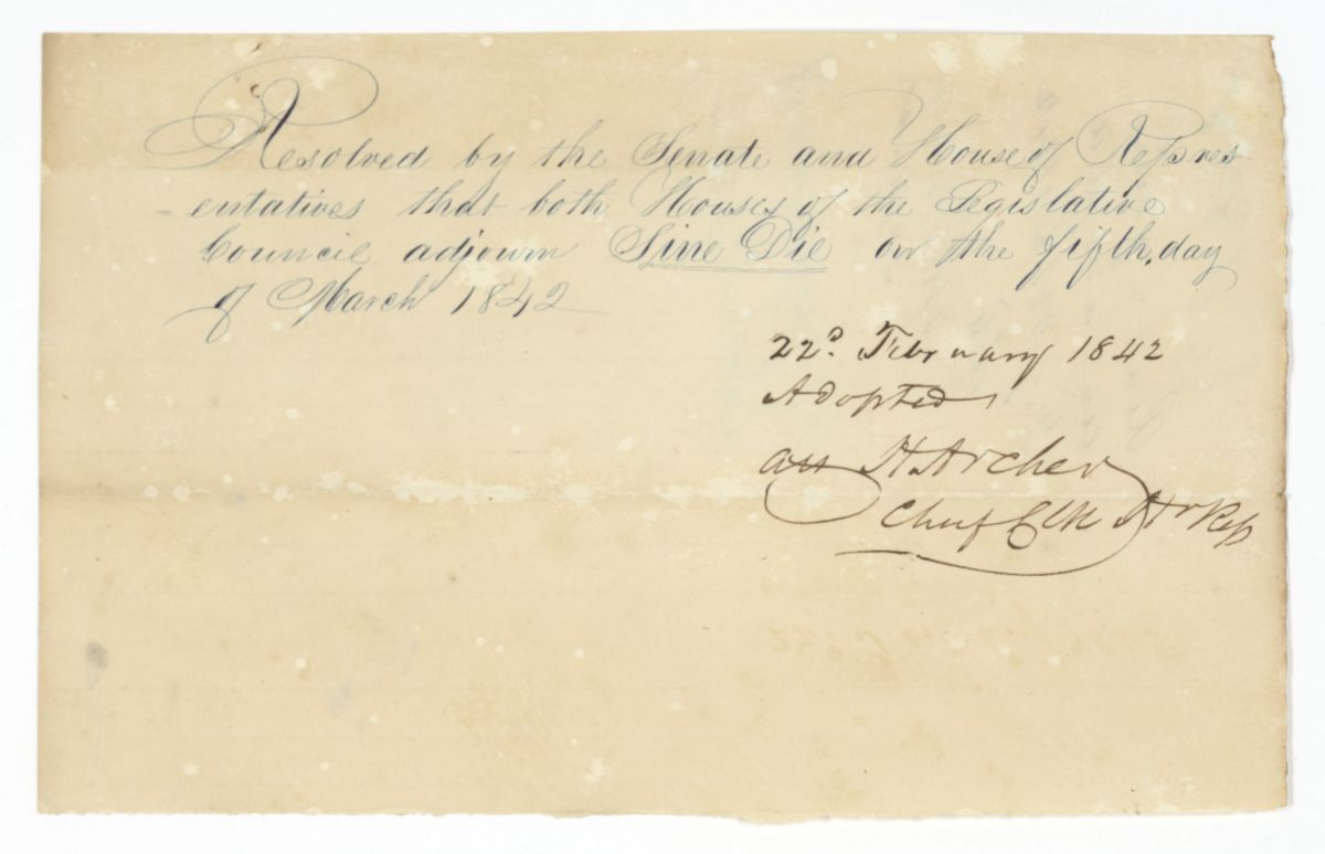 Resolution Setting the Date of Adjournment for the Territorial Legislative Council, 1842