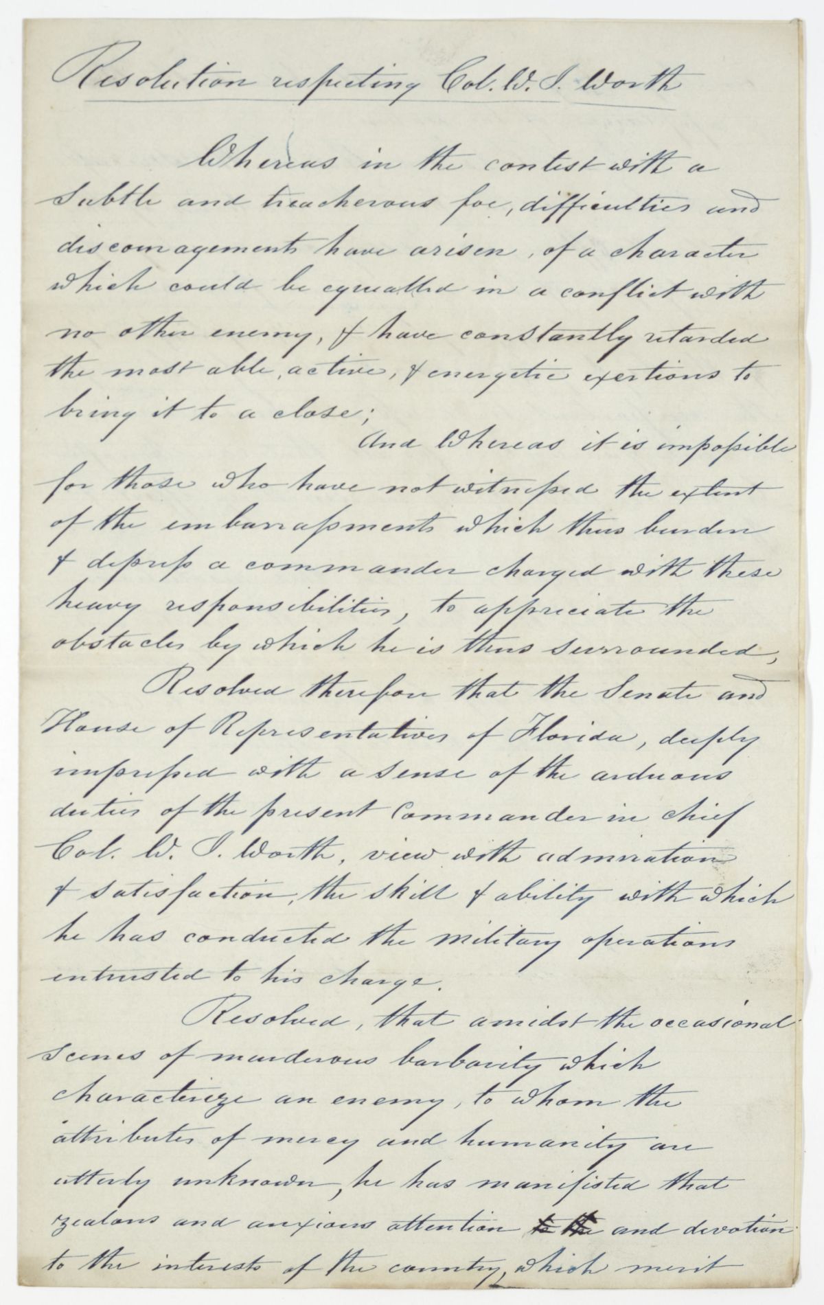 Resolution Commending Colonel W. J. Worth for His Military Service, 1842