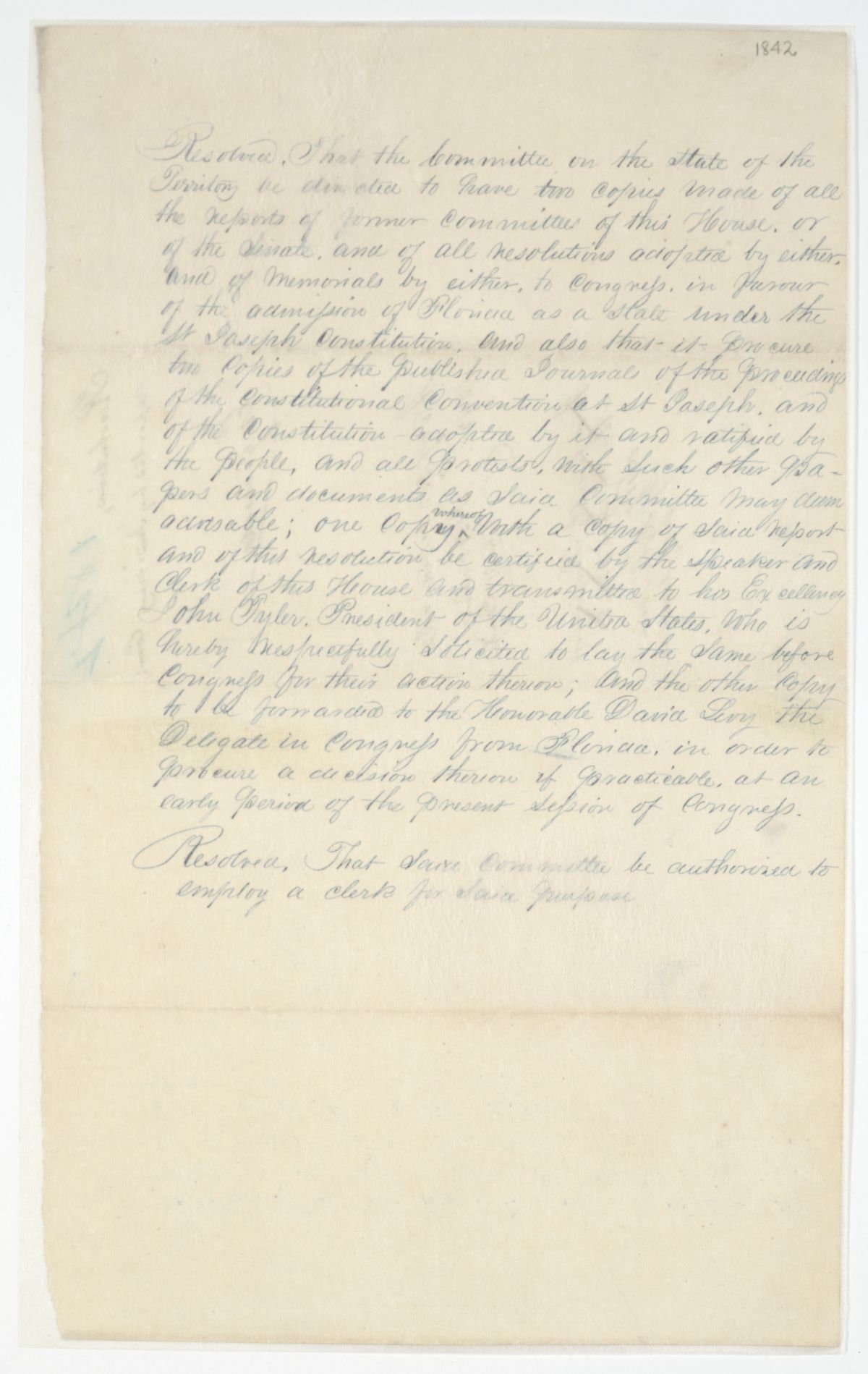 Resolution Instructing the Committee on the State of the Territory to Submit Certain Documents Concerning Statehood to the President, 1842