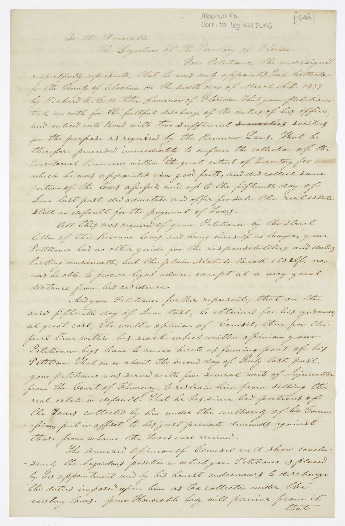 Petition of Jesse Carter Regarding his Employment as the Tax Collector of Alachua County, 1840