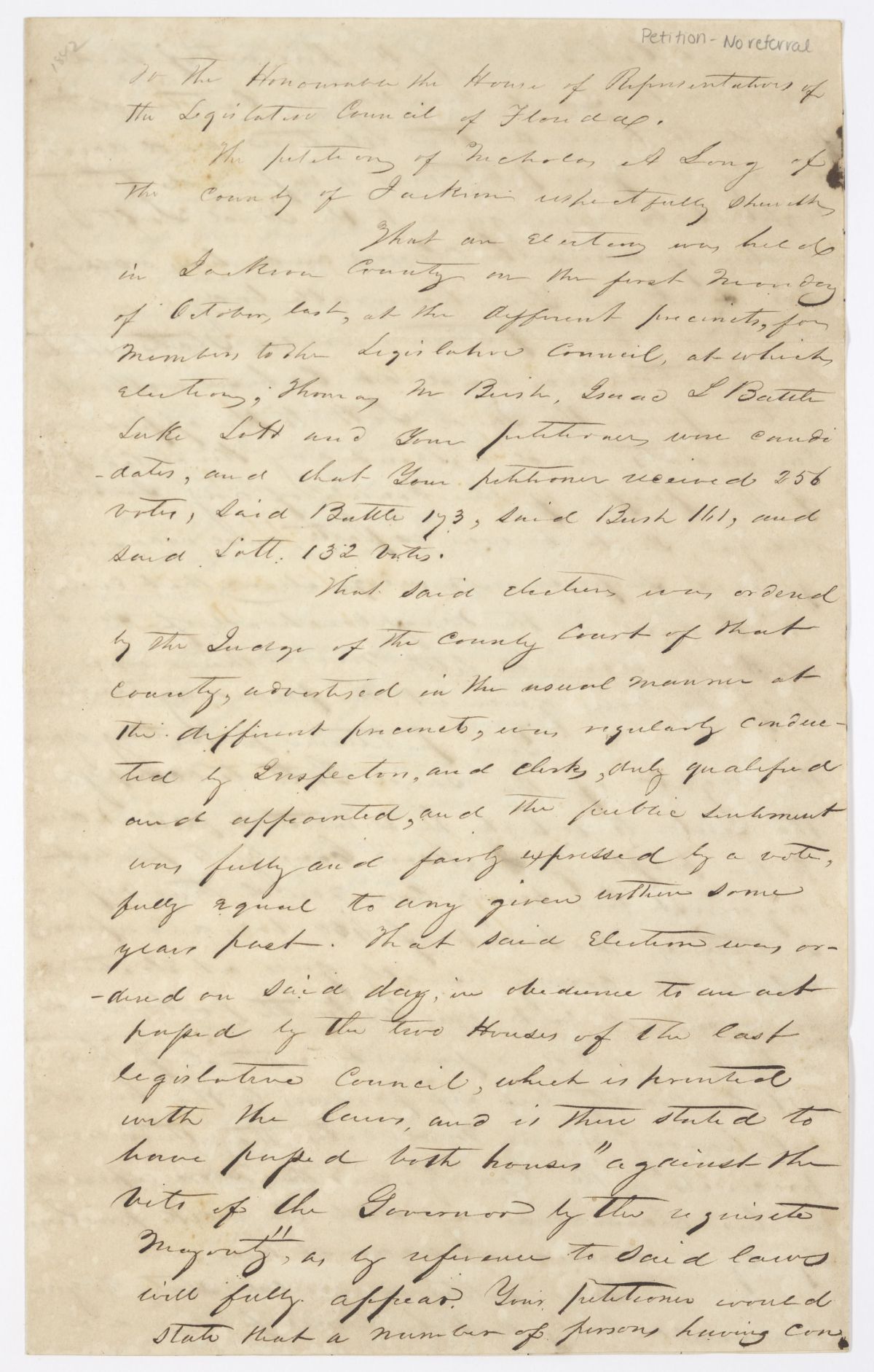 Petition of Nicholas A. Long Contesting an Election, circa 1842