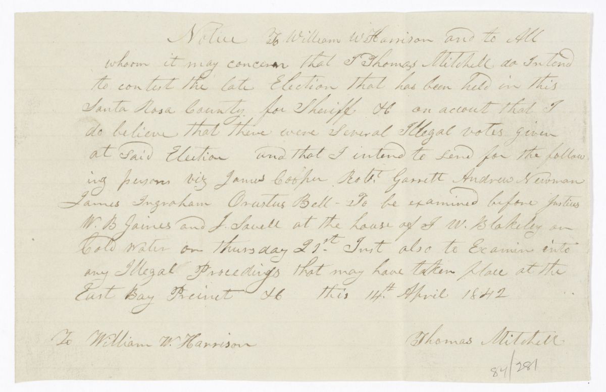 Copy of a Notice to William W. Harrison and Others that Thomas Mitchell Intends to Contest an Election, 1842