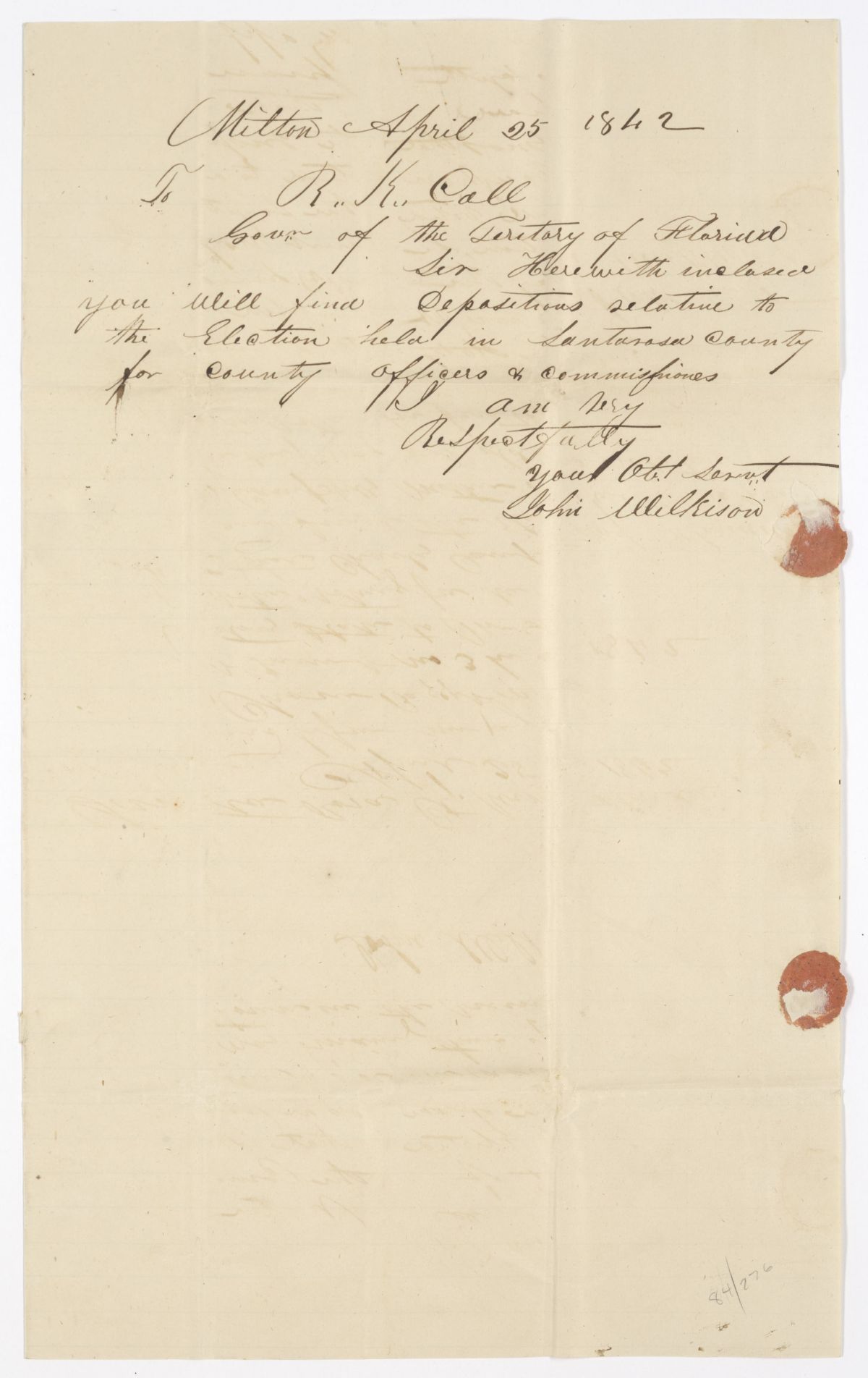 Letter from John Wilkison to Governor Richard Keith Call Regarding Depositions About an Election in Santa Rosa County, 1842