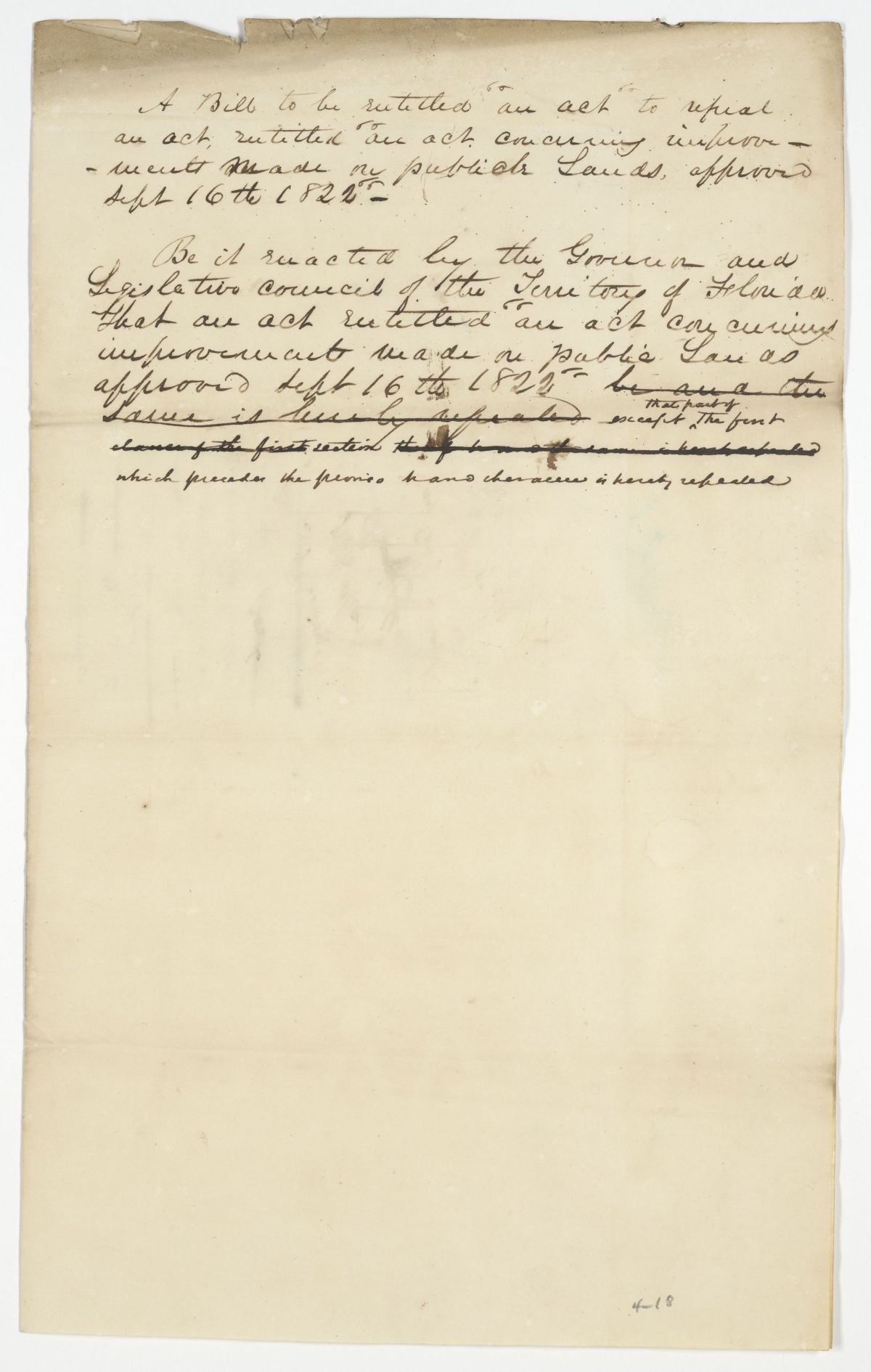 Draft of an Act to Repeal an Act Concerning Improvements Made on Public Lands, circa 1842