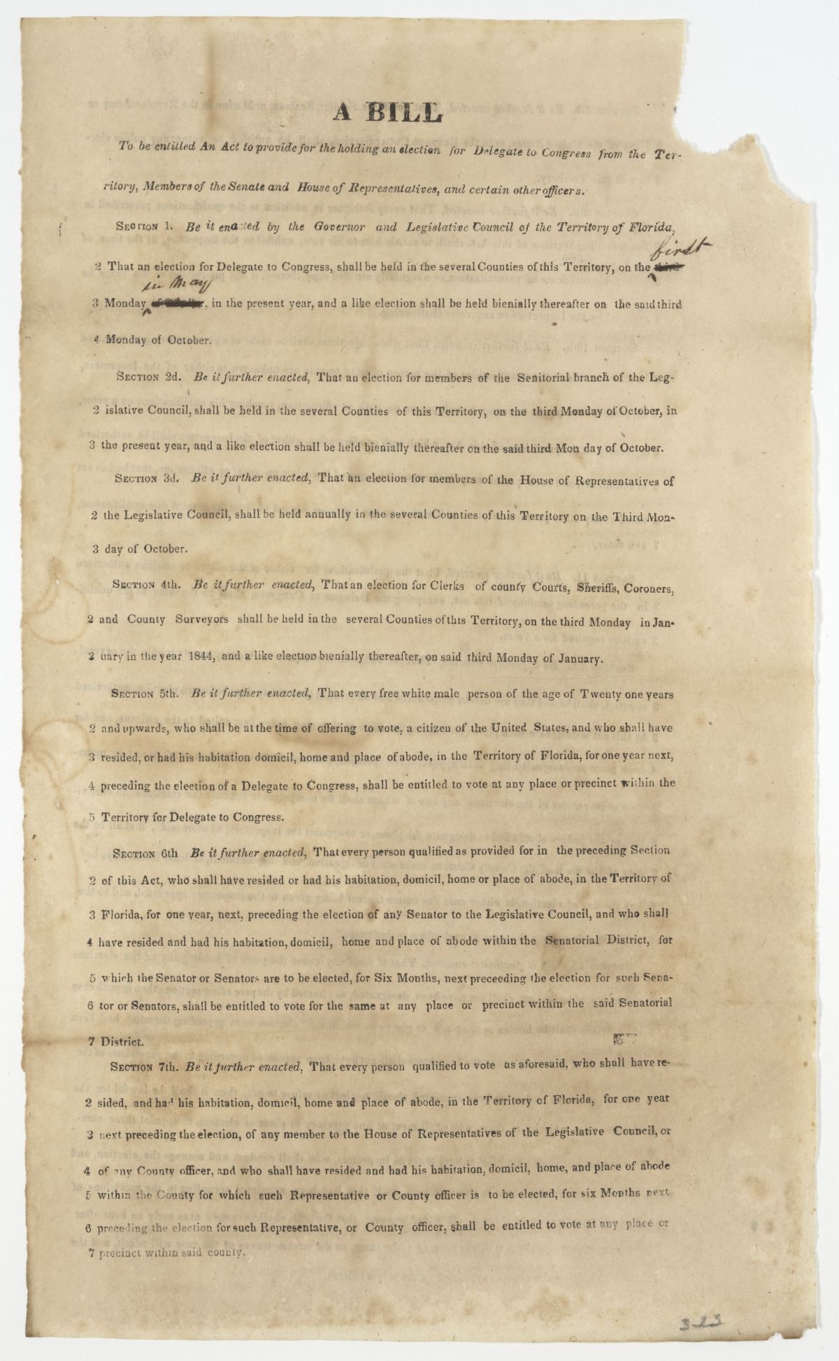 Draft of an Act to Provide for the Holding of Elections for Delegate to Congress and Members of the Territorial Legislative Council, circa 1842