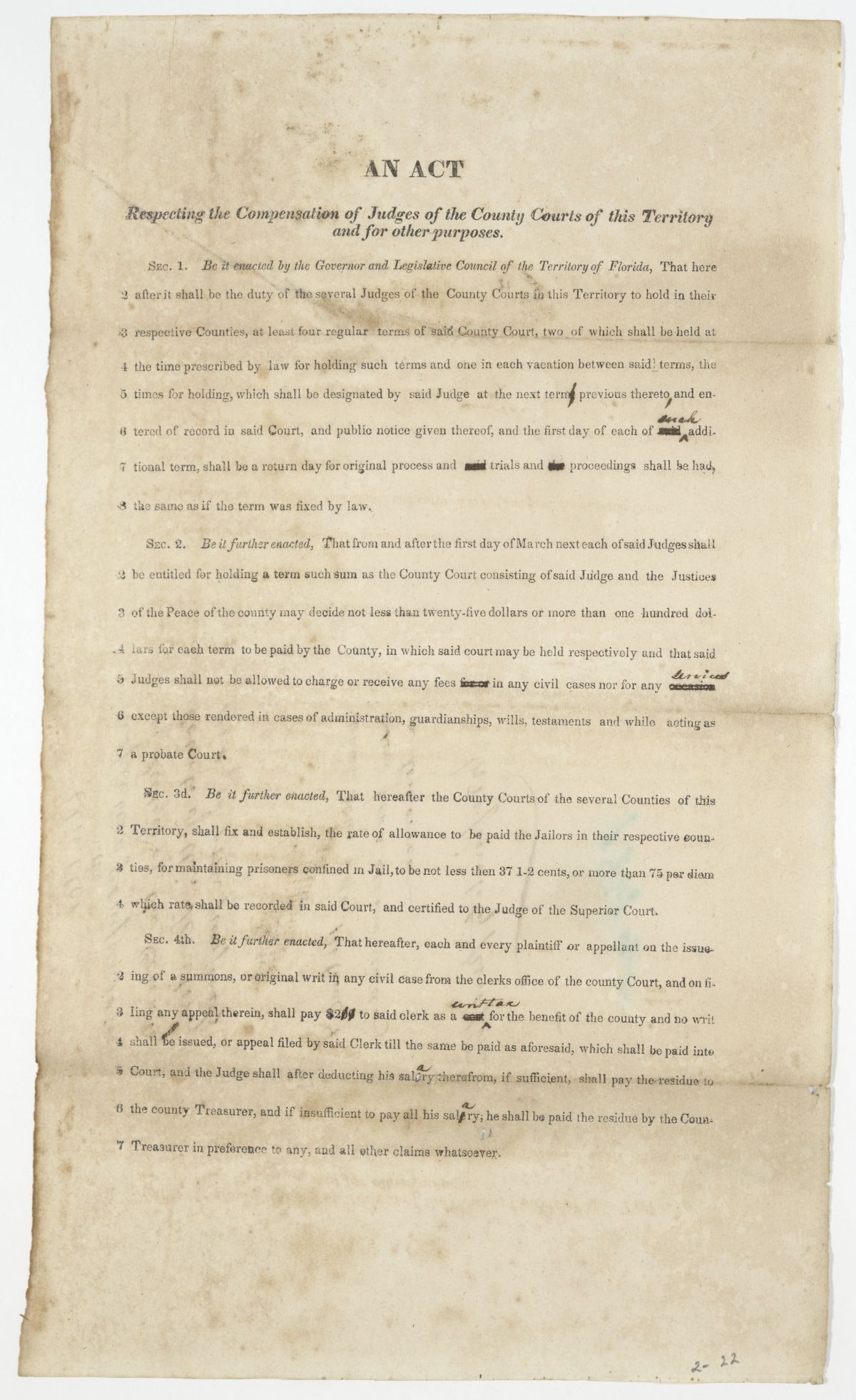 Draft of an Act Respecting the Compensation of Judges of the County Courts, circa 1842