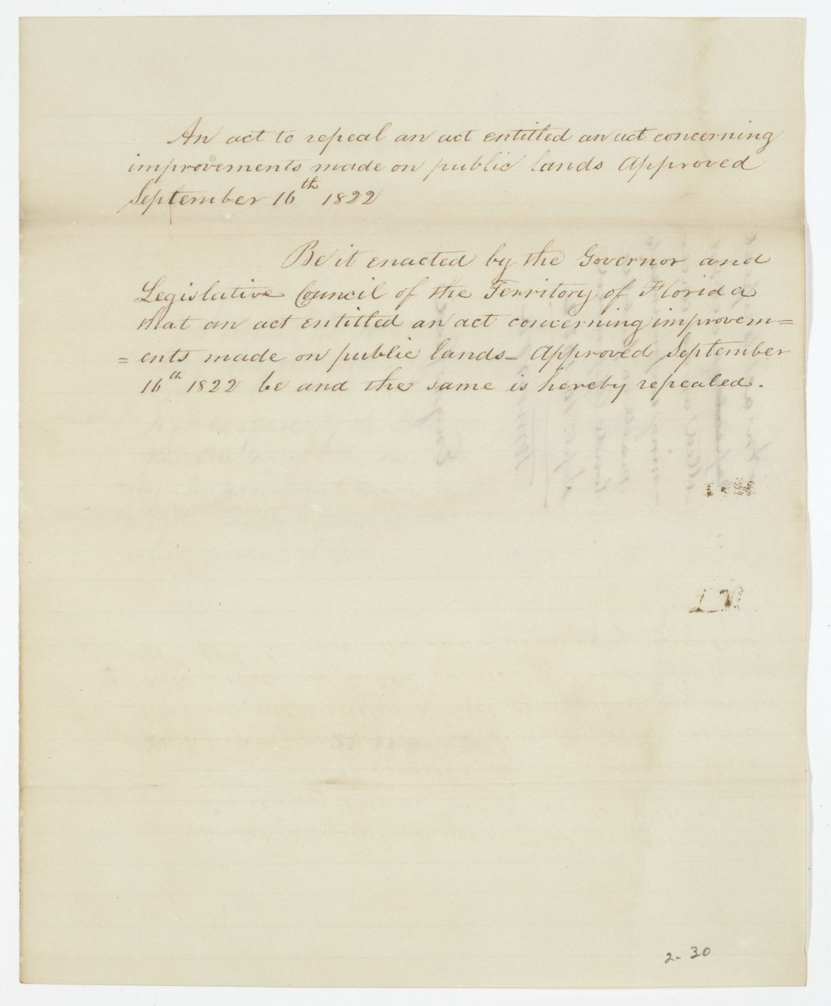 Draft of an Act to Repeal an Act Concerning Improvements Made on Public Lands, circa 1842