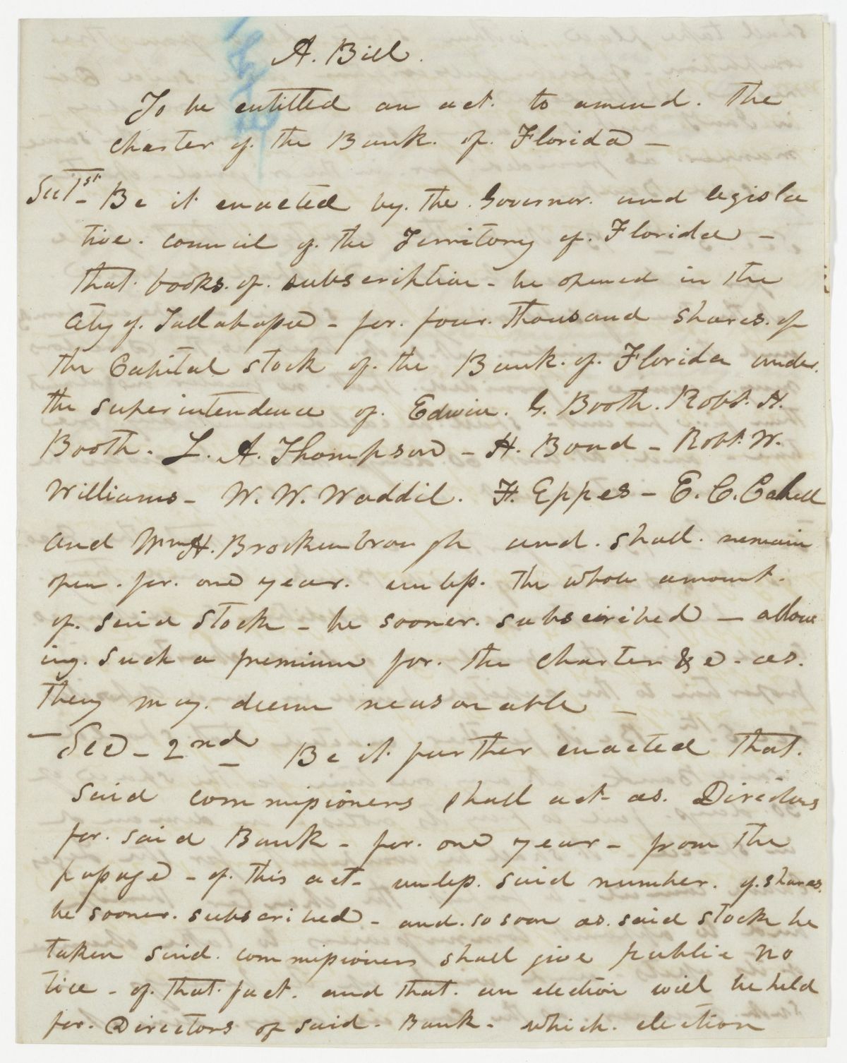 Draft of an Act to Amend the Charter of the Bank of Florida, 1843