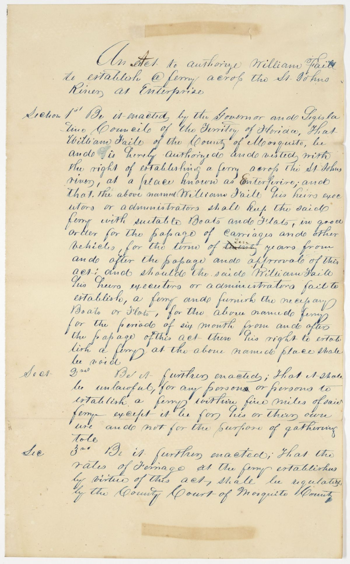 Draft of an Act to Authorize William Faile to Establish a Ferry Across the Saint Johns River at Enterprise, 1843