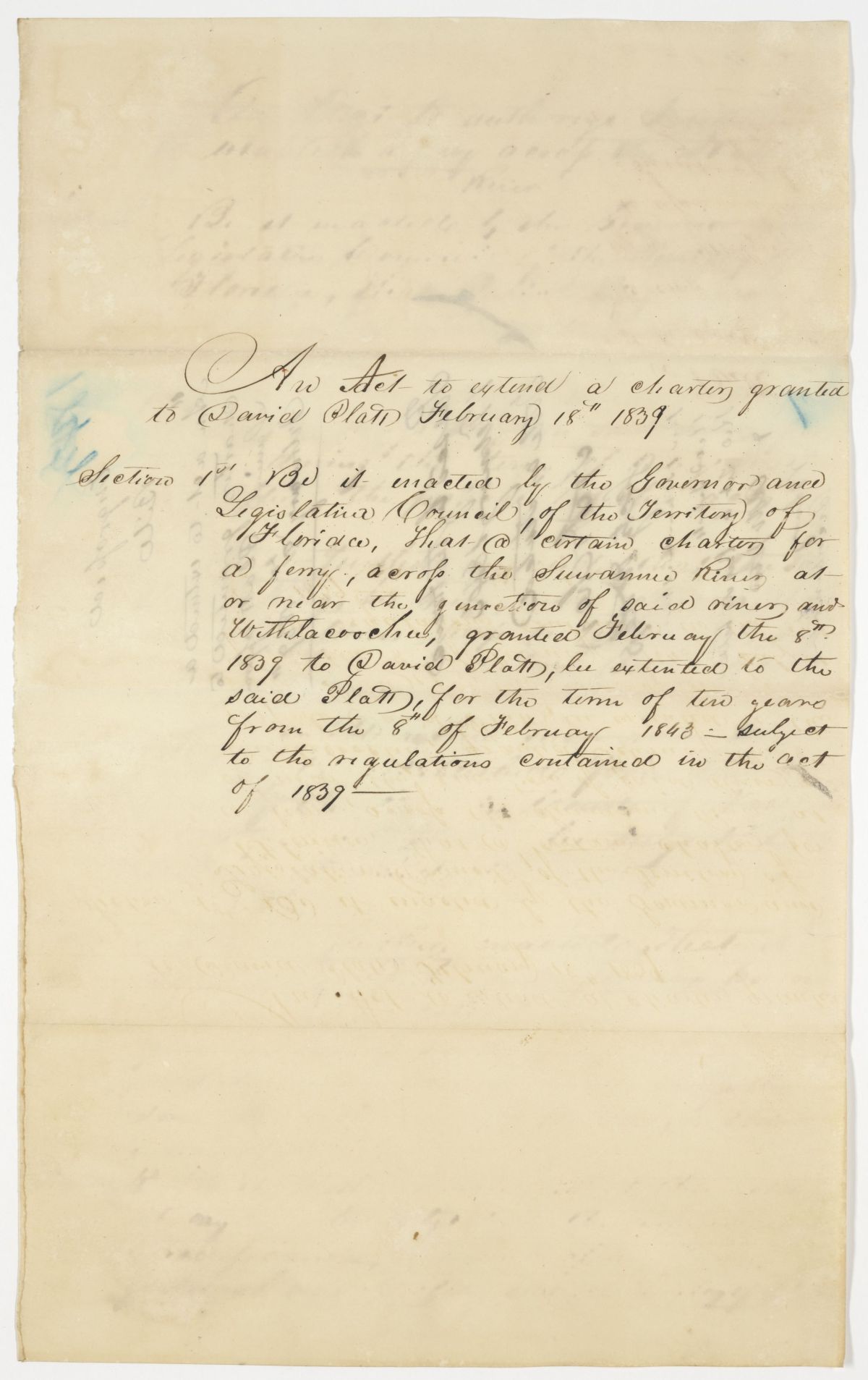 Draft of an Act to Extend a Charter Granted to David Platt, 1843