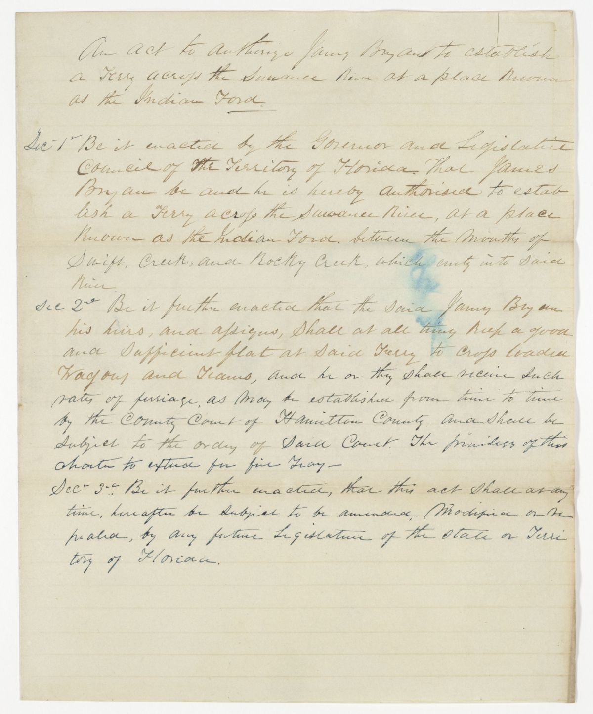 Draft of an Act to Authorize James Bryan to Establish a Ferry Across the Suwannee River, 1843