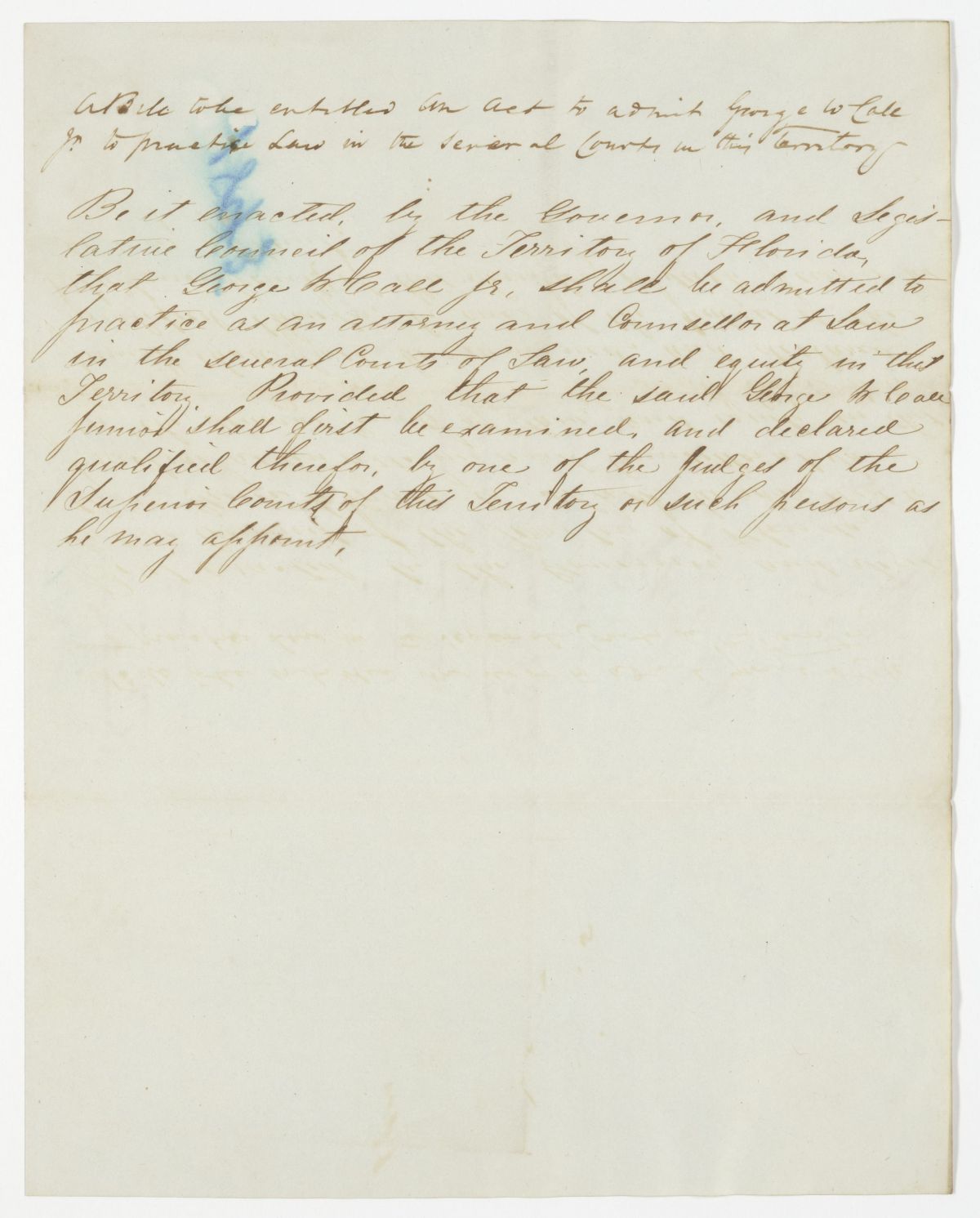 Draft of an Act to Admit George W. Call, Jr. to Practice Law in the Several Counties in this Territory, 1843