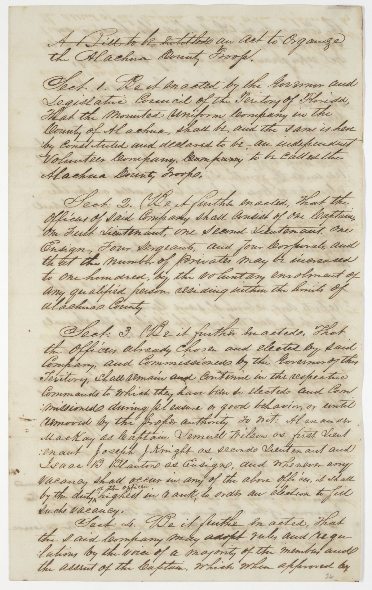 Draft of an Act to Organize the Alachua County Troop, 1843