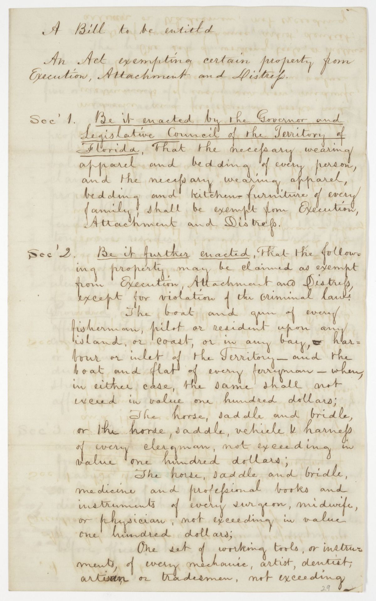 Draft of an Act Exempting Certain Property from Execution, Attachment and Distress, 1843