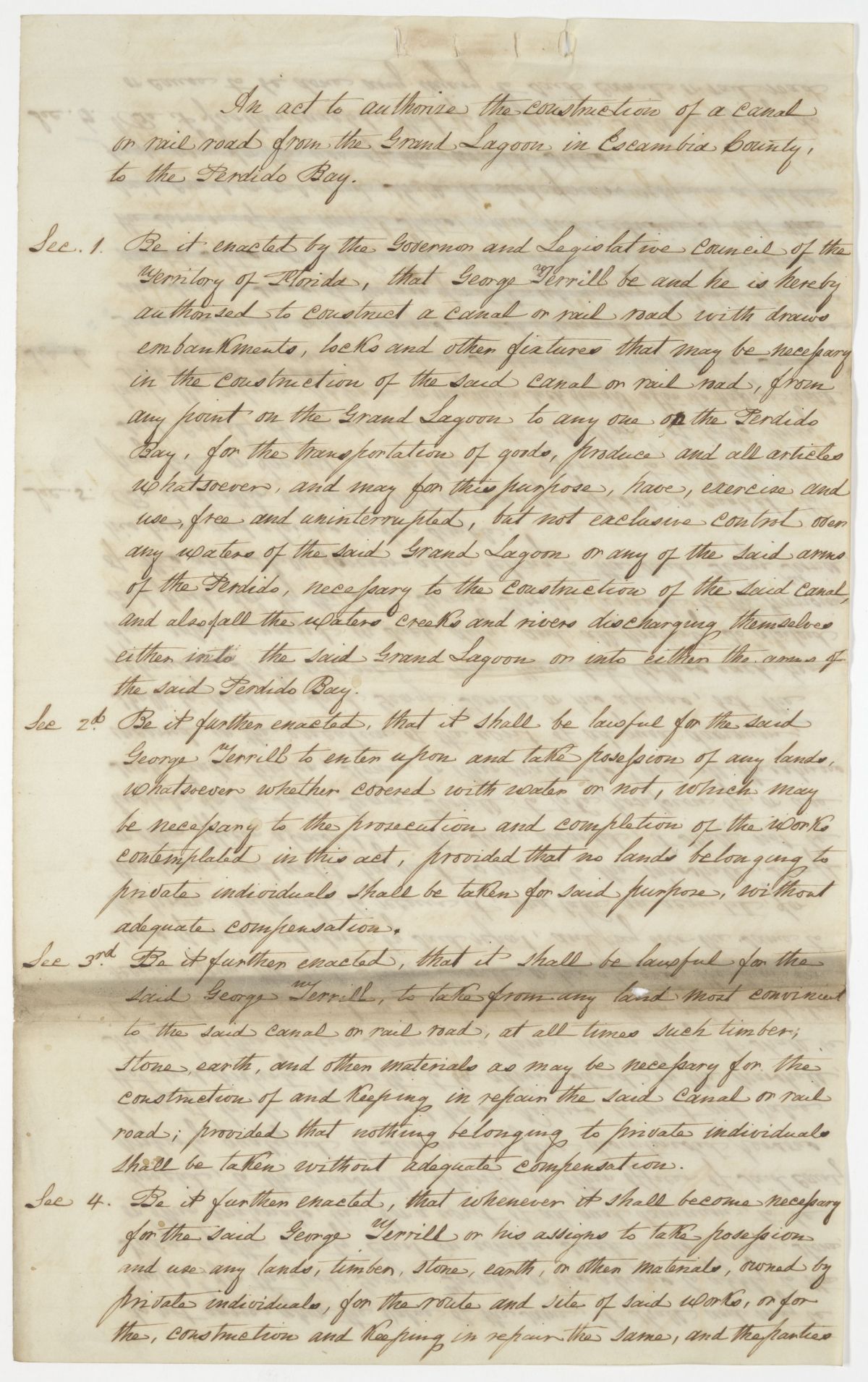 Draft of an Act to Authorize the Construction of a Canal or Railroad from the Grand Lagoon to the Perdido Bay, 1843